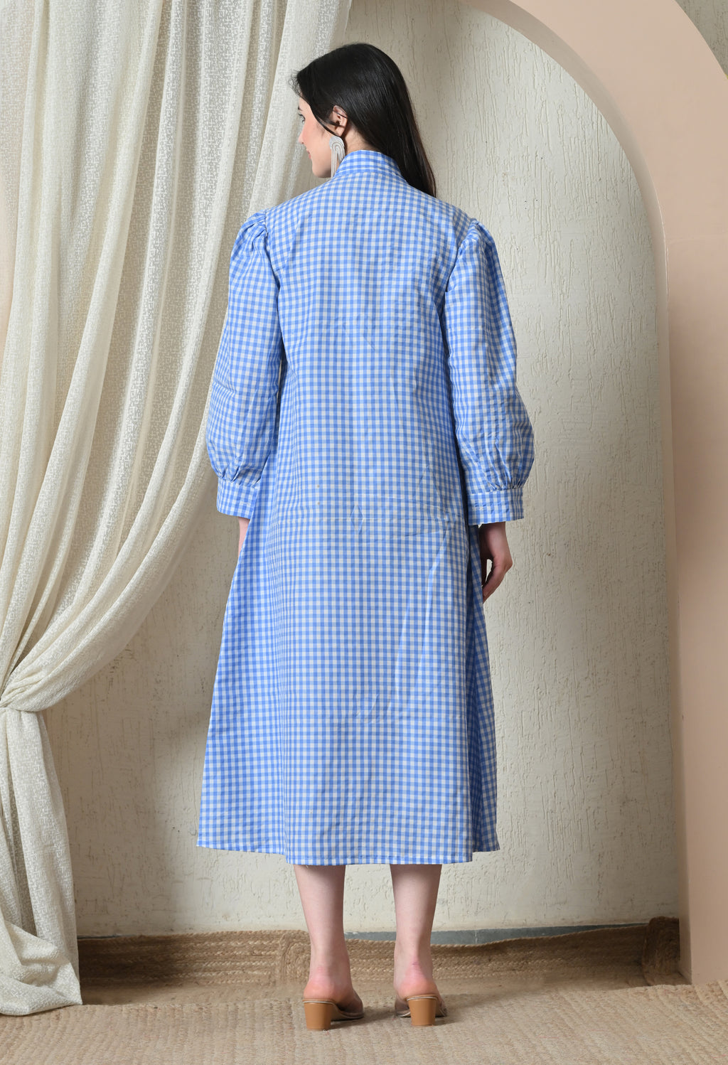 Blue Gingham Bow-Neck Midi Dress