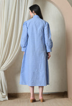 Blue Gingham Bow-Neck Midi Dress