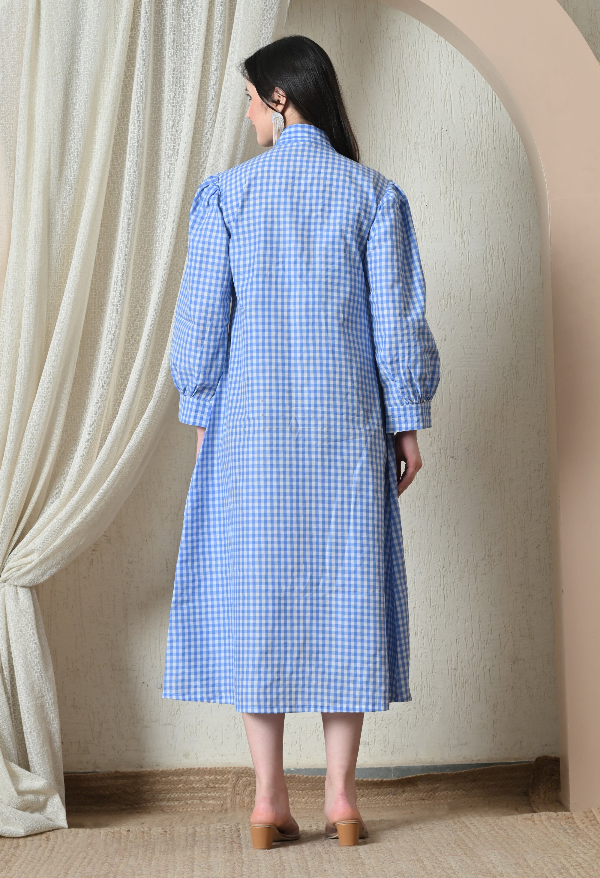 Blue Gingham Bow-Neck Midi Dress