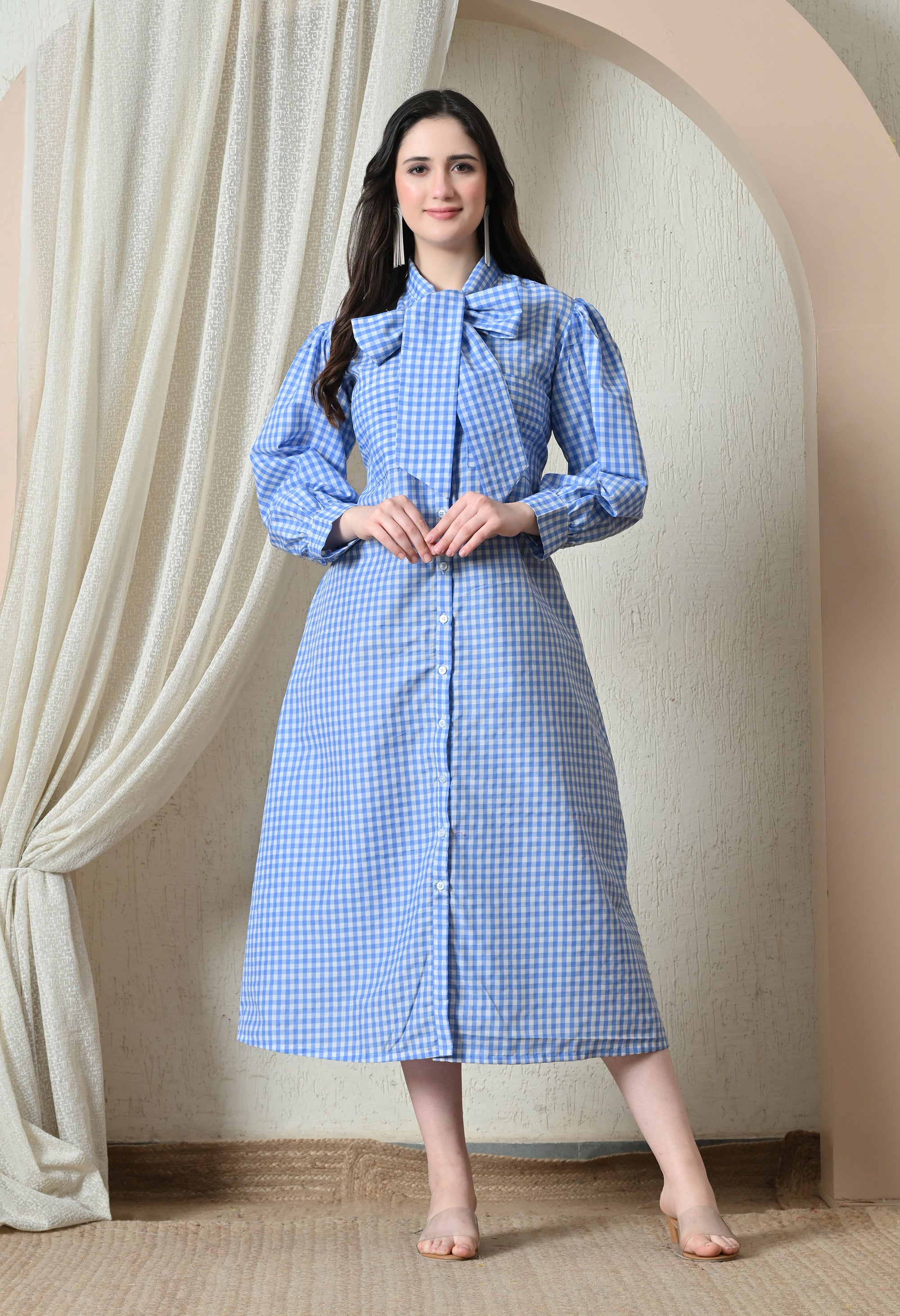 Blue Gingham Bow-Neck Midi Dress