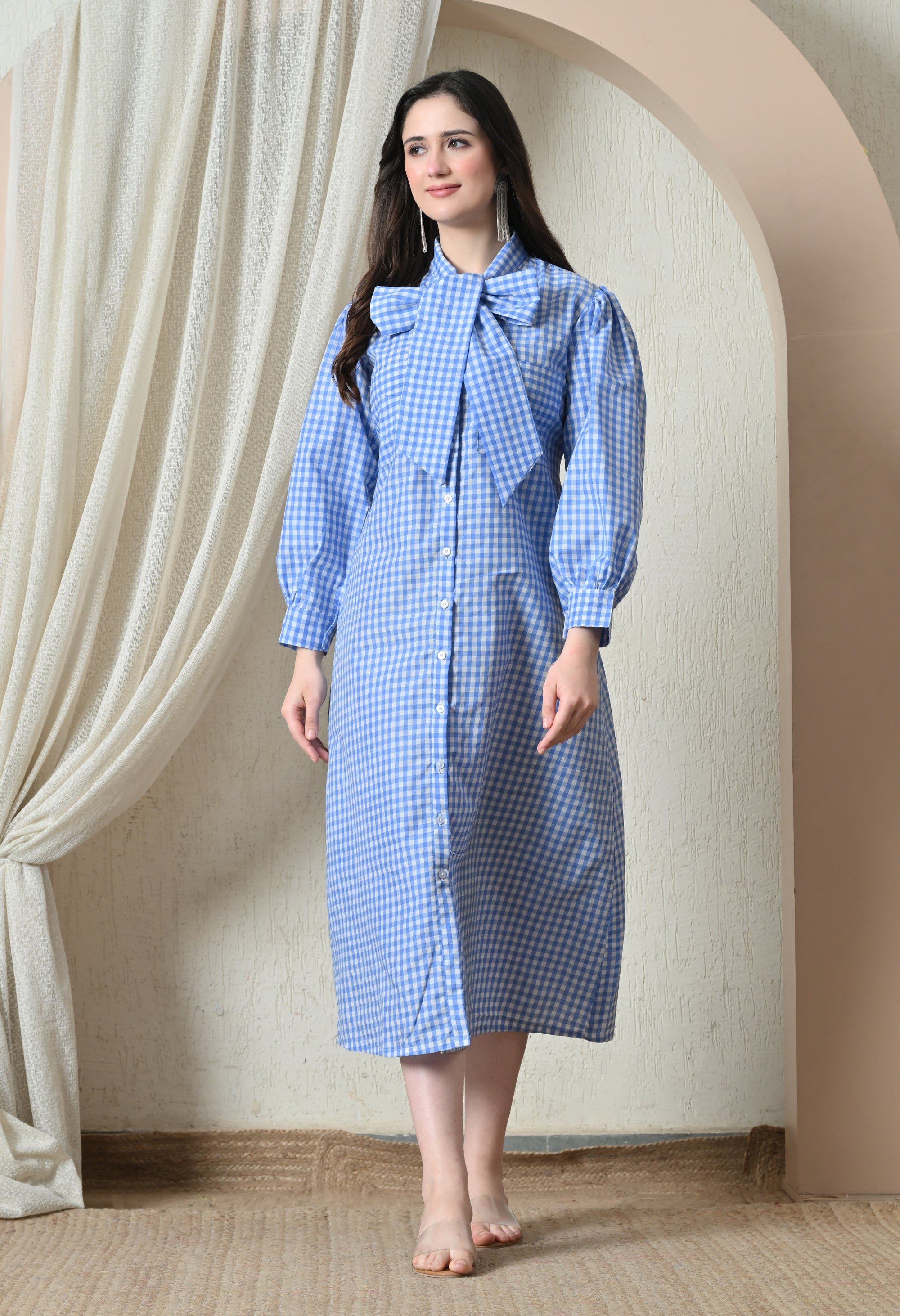 Blue Gingham Bow-Neck Midi Dress