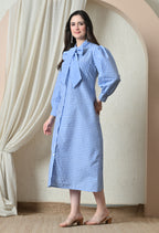 Blue Gingham Bow-Neck Midi Dress