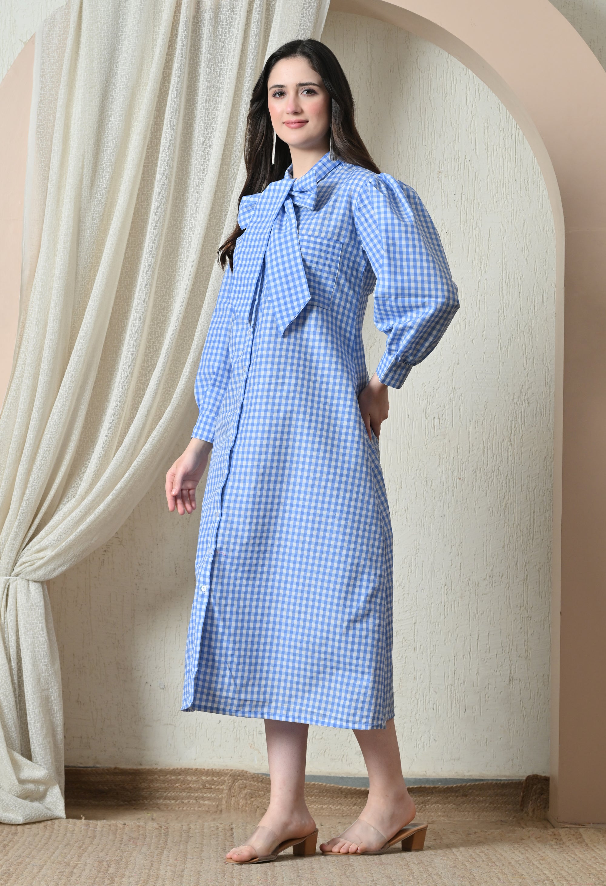 Blue Gingham Bow-Neck Midi Dress