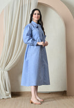 Blue Gingham Bow-Neck Midi Dress