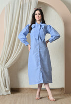 Blue Gingham Bow-Neck Midi Dress