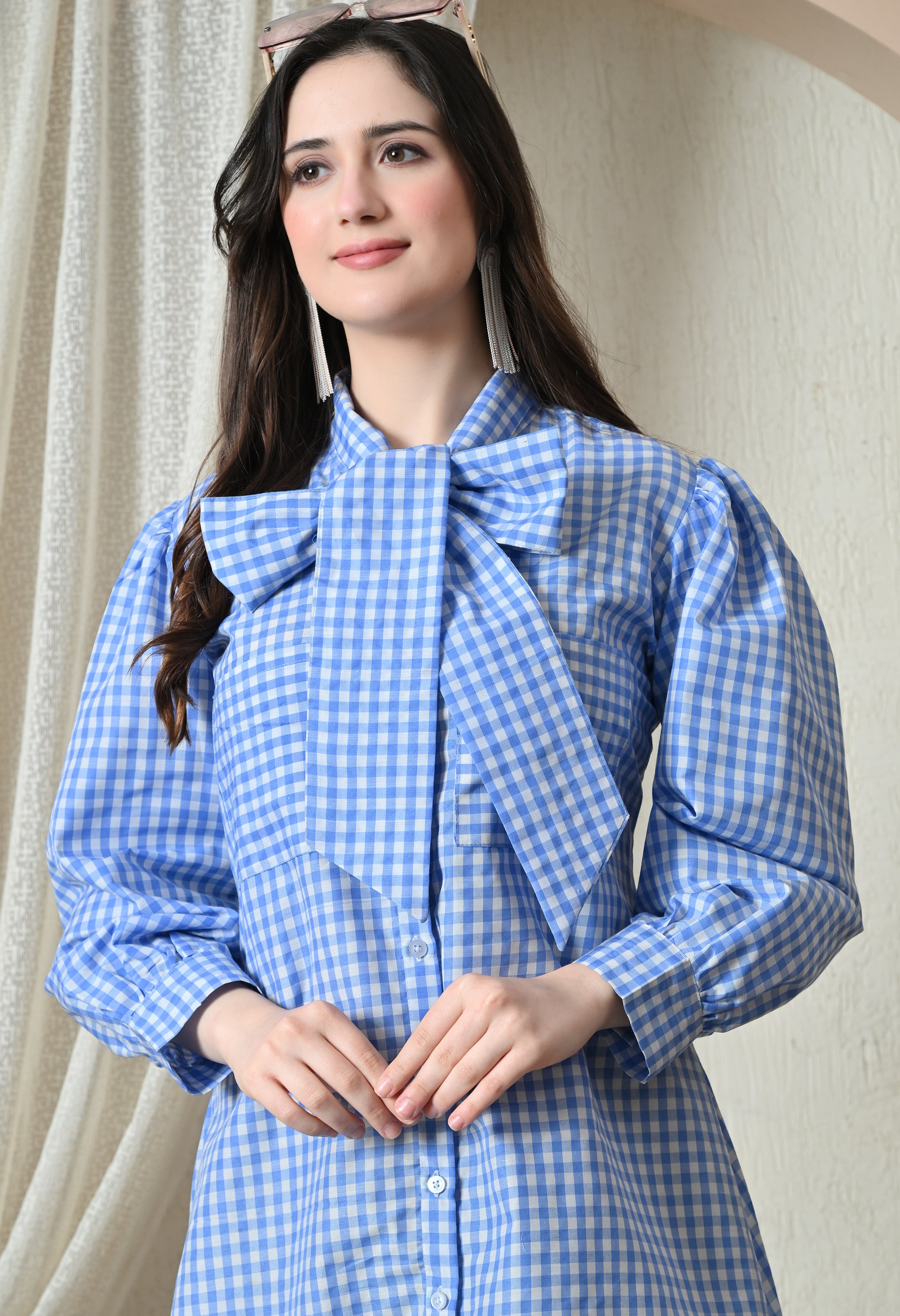 Blue Gingham Bow-Neck Midi Dress