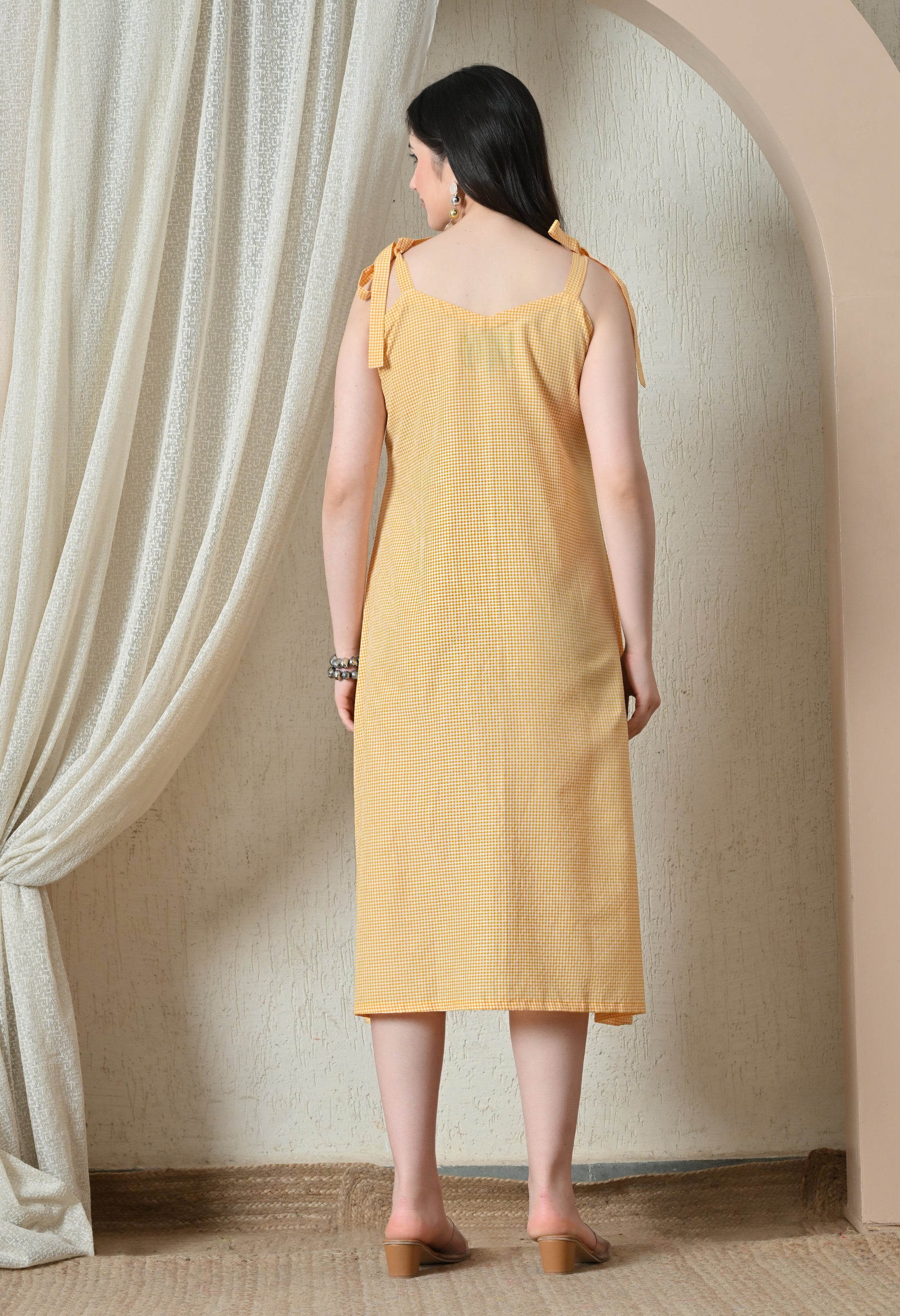 Yellow Gingham Tie-Strap Button-Front Midi Dress