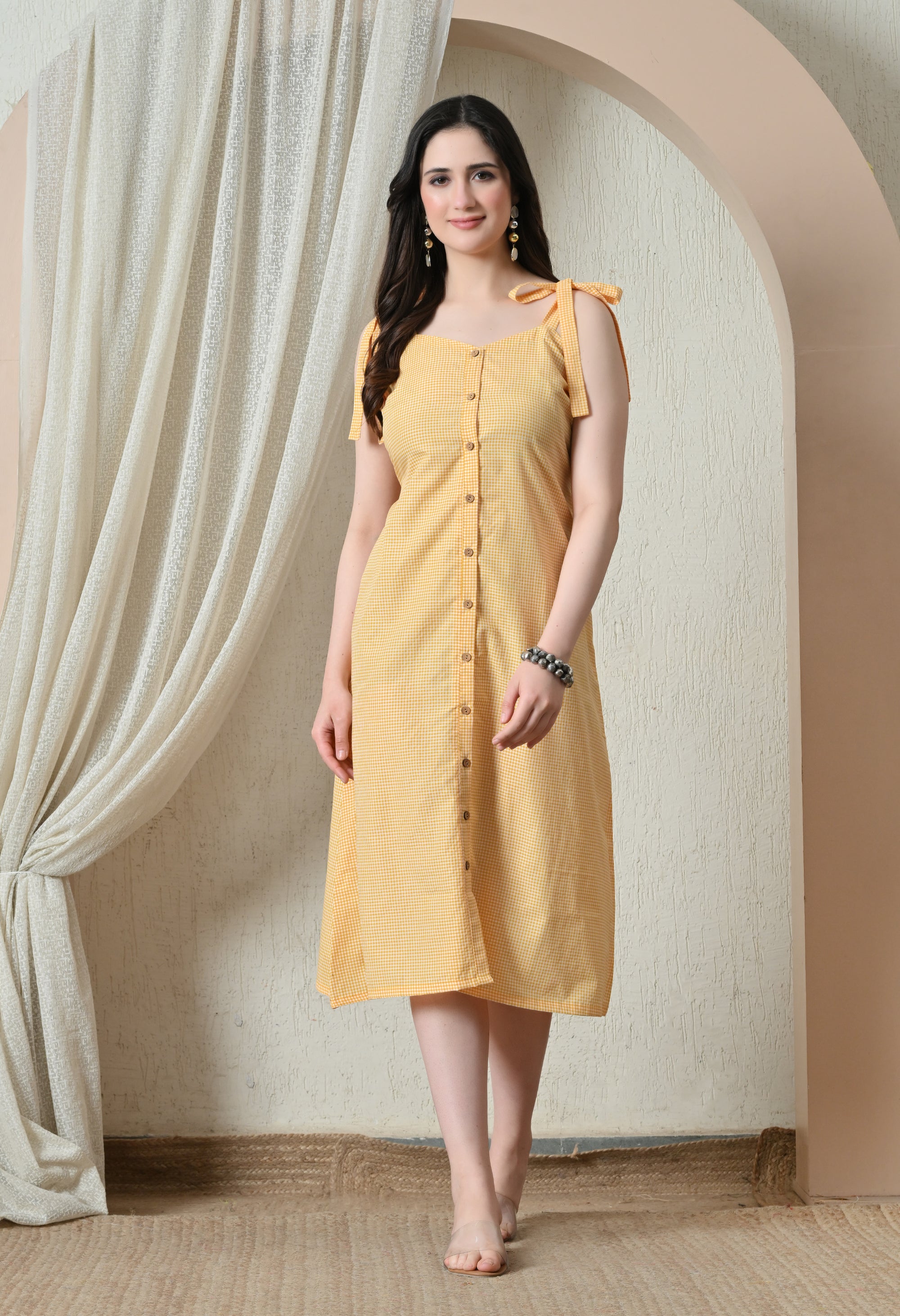 Yellow Gingham Tie-Strap Button-Front Midi Dress