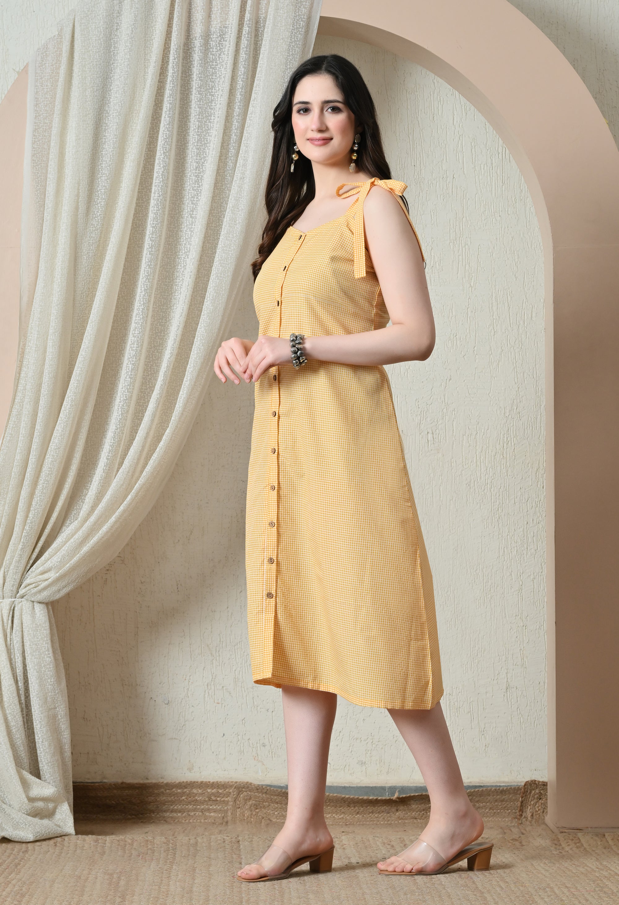 Yellow Gingham Tie-Strap Button-Front Midi Dress
