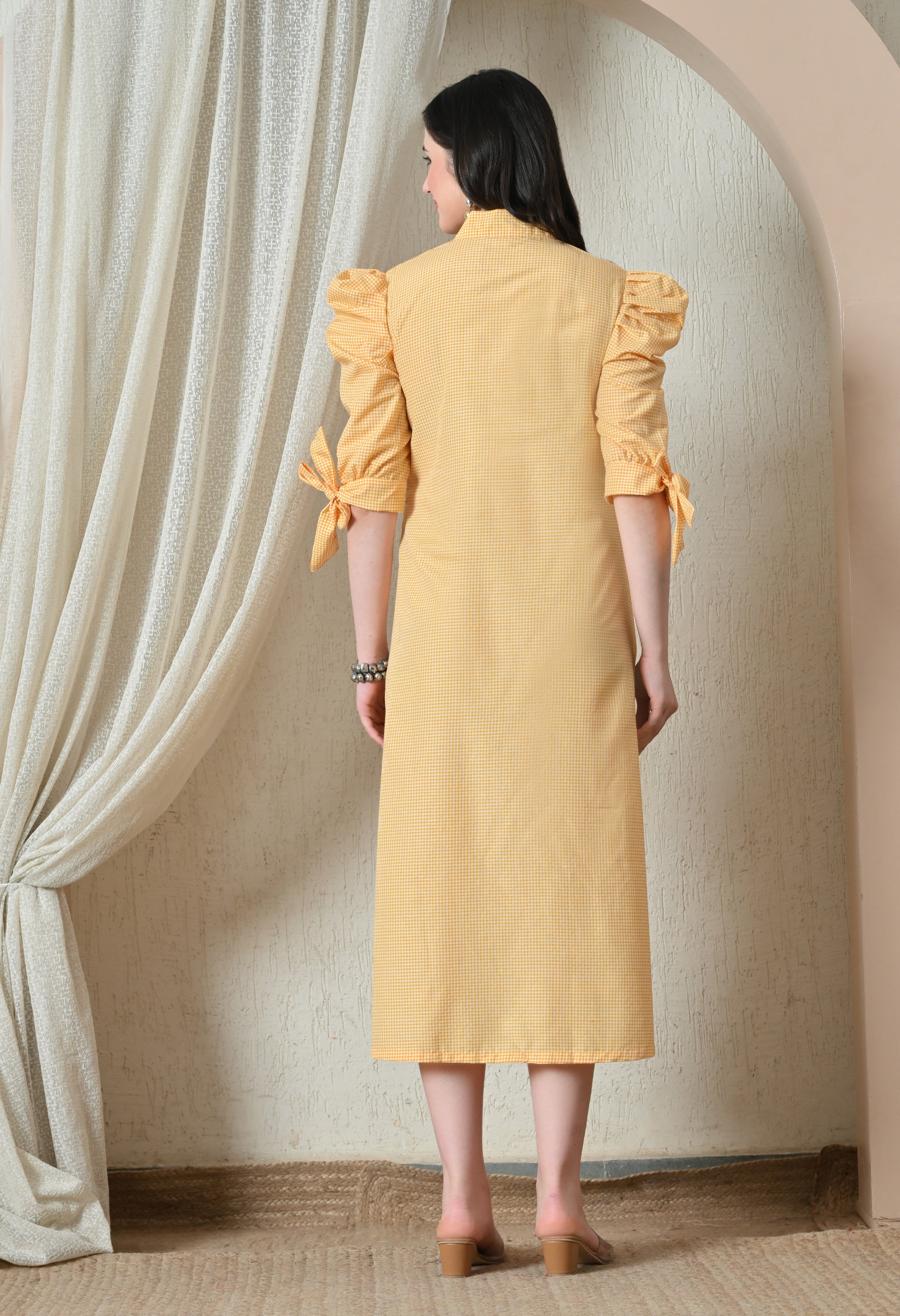 Yellow Gingham Puff Sleeve Midi Dress