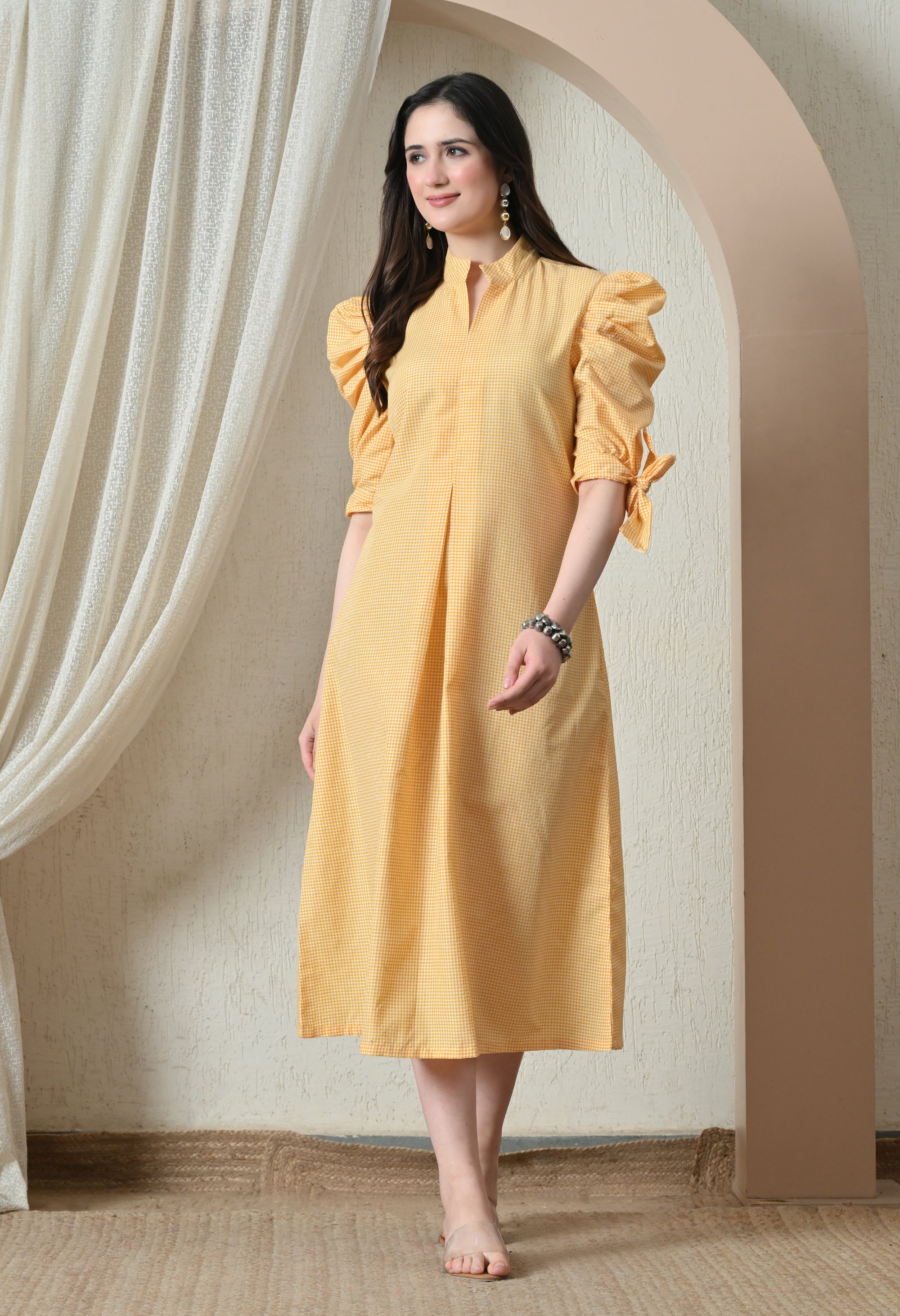 Yellow Gingham Puff Sleeve Midi Dress