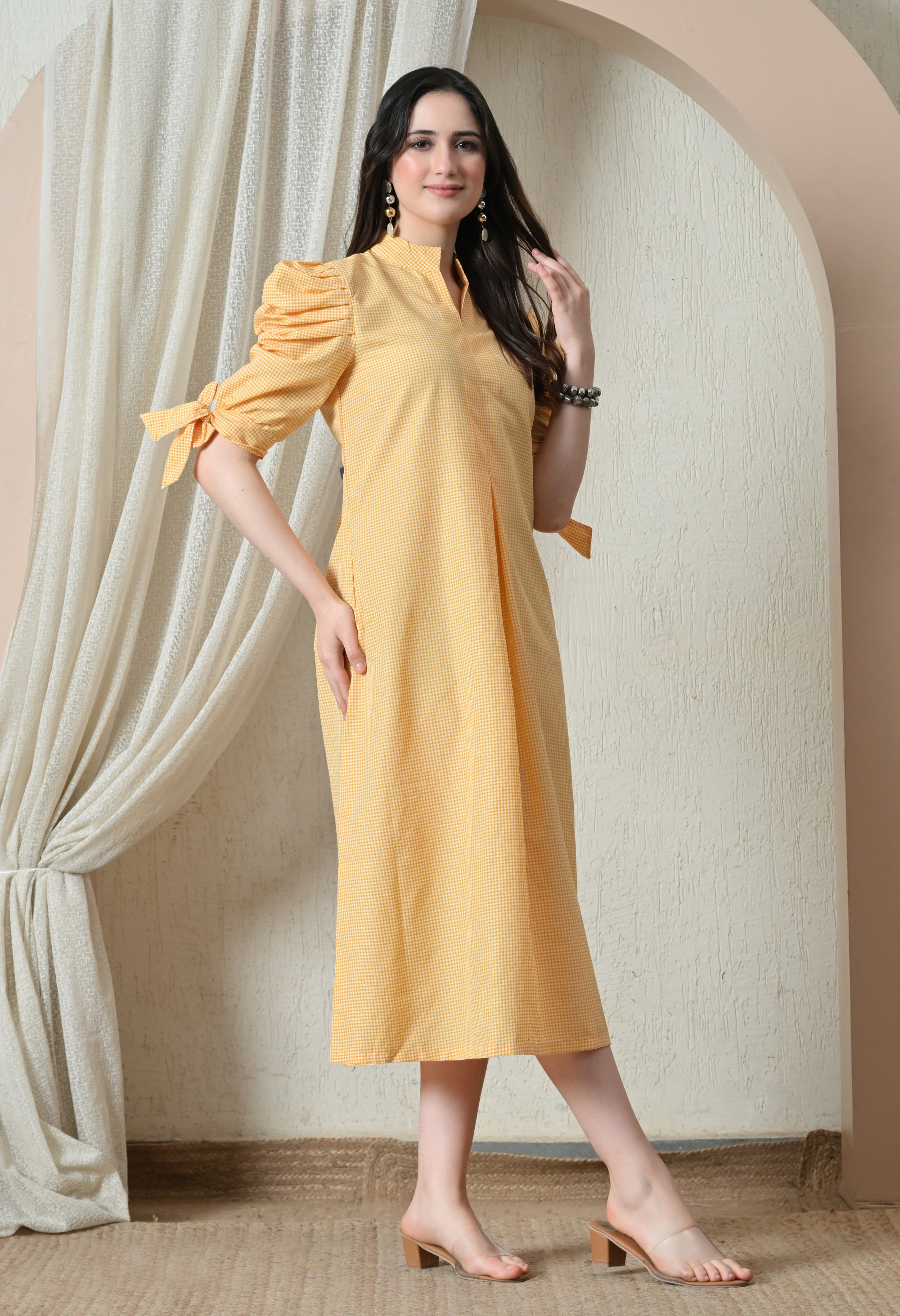 Yellow Gingham Puff Sleeve Midi Dress