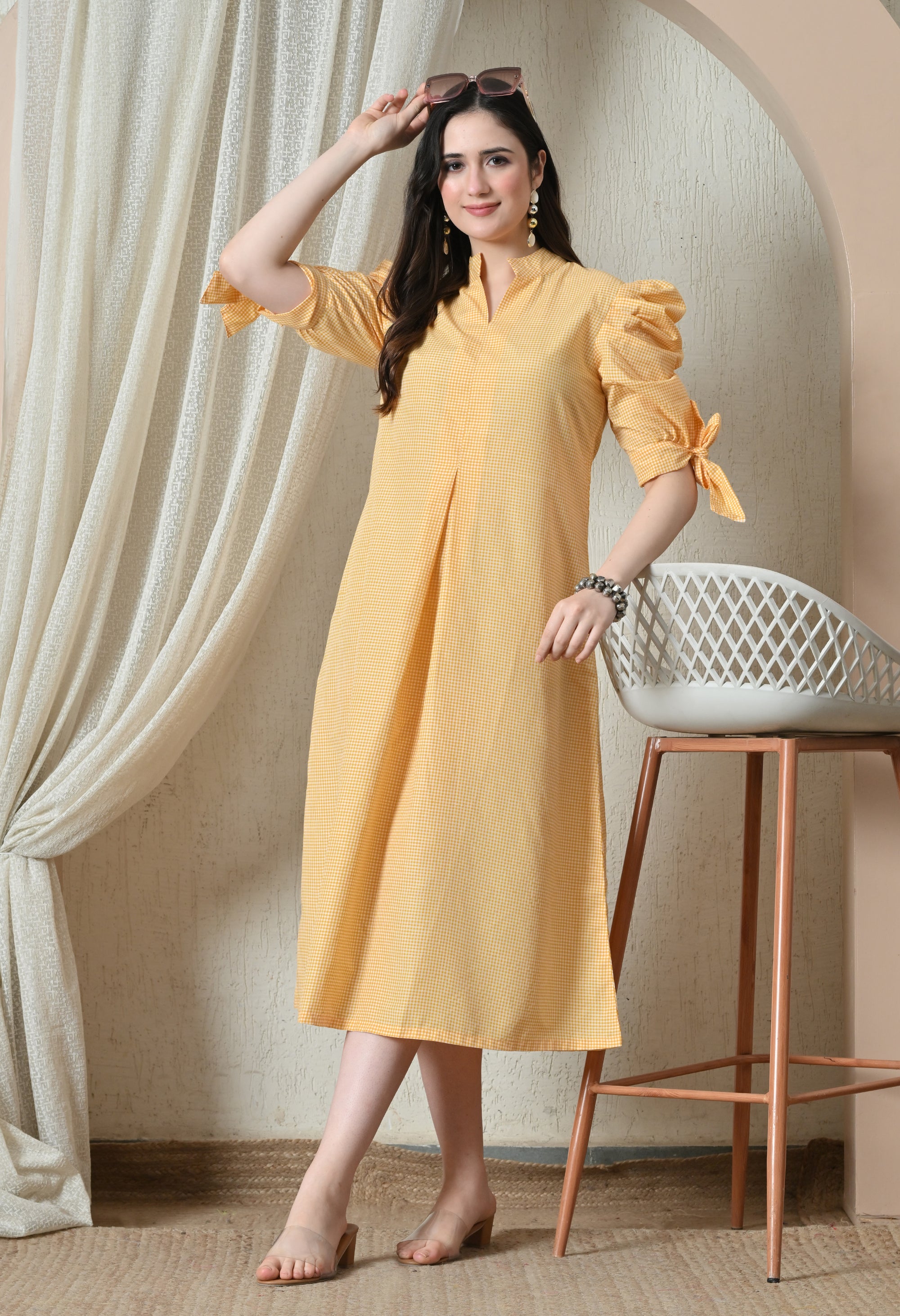 Yellow Gingham Puff Sleeve Midi Dress