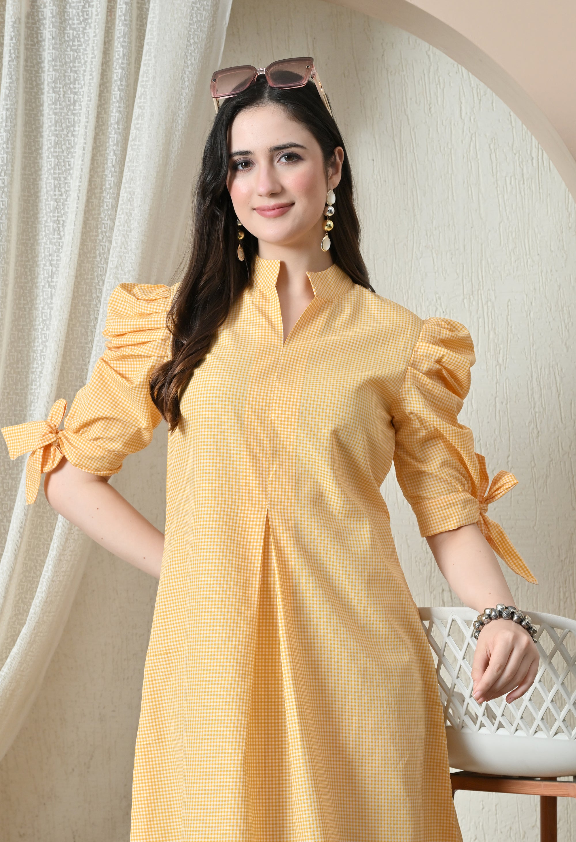 Yellow Gingham Puff Sleeve Midi Dress