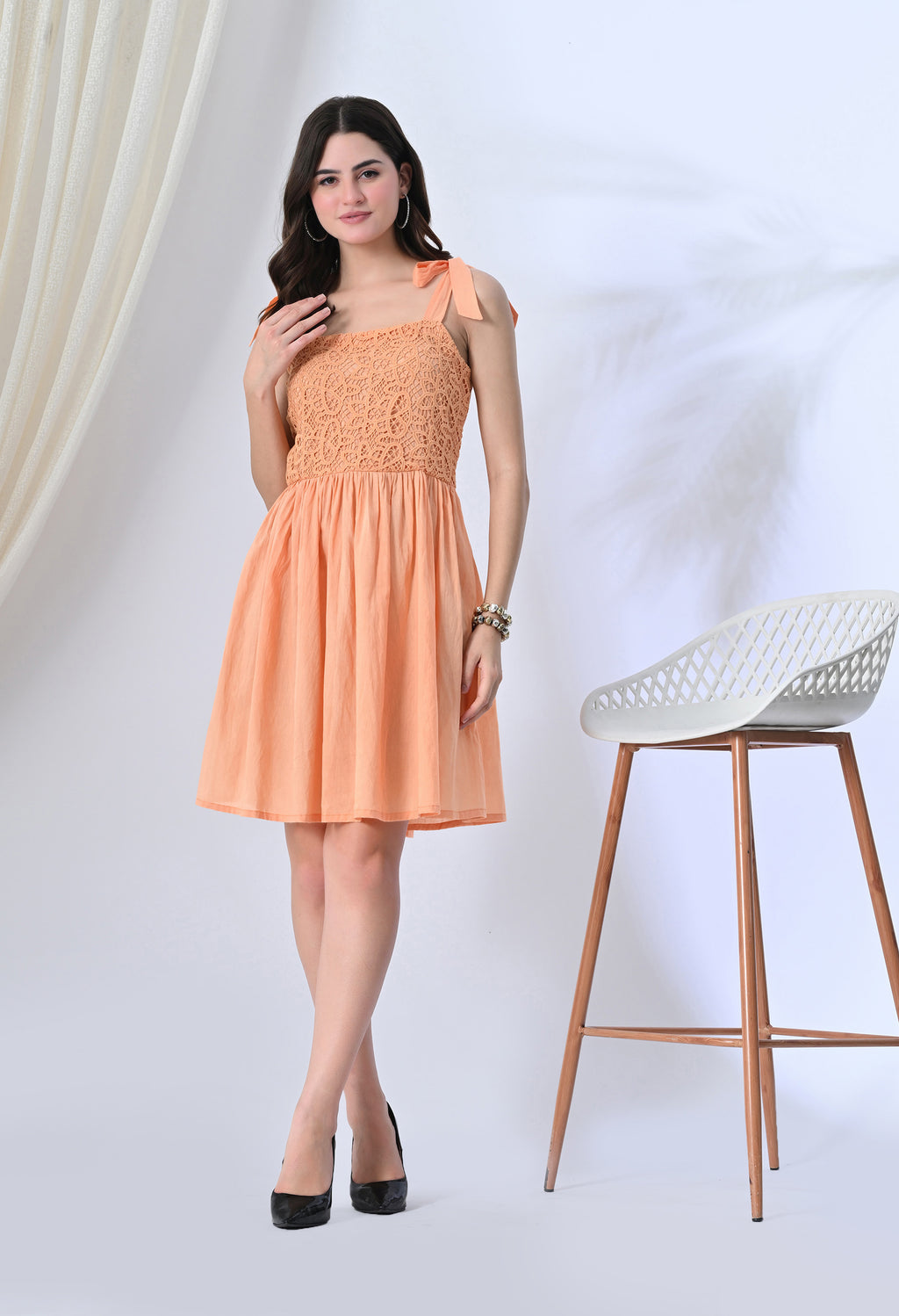 Peach Mulmul Crochet Dress