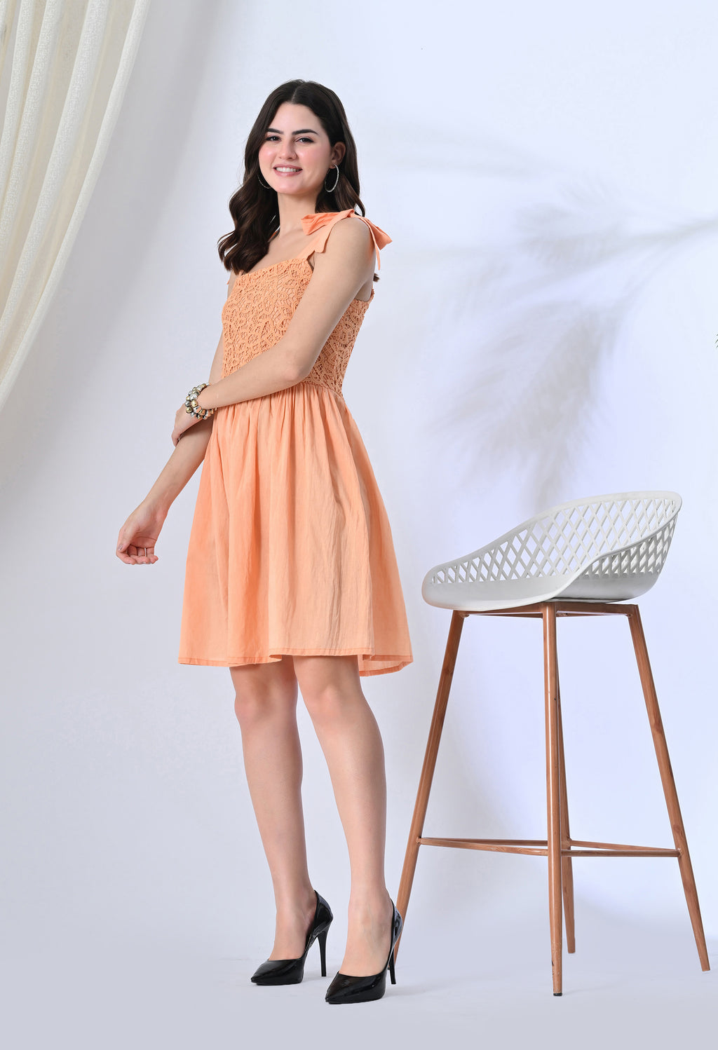 Peach Mulmul Crochet Dress