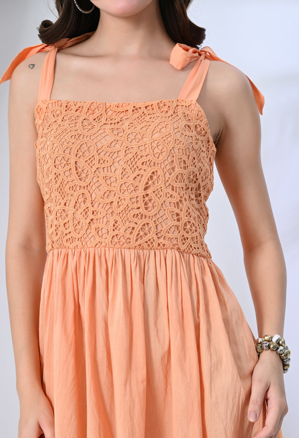 Peach Mulmul Crochet Dress