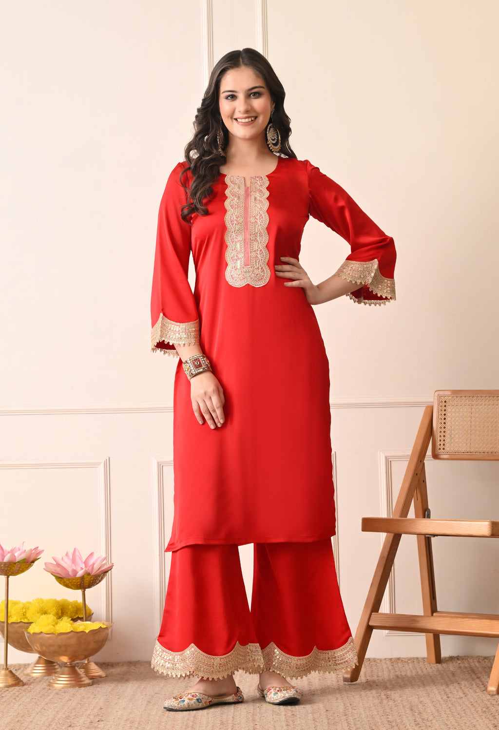 Elegant Red Silk Kurta & Sharara Set