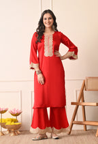 Elegant Red Silk Kurta & Sharara Set
