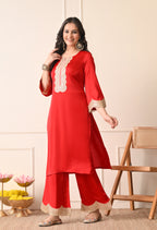 Elegant Red Silk Kurta & Sharara Set