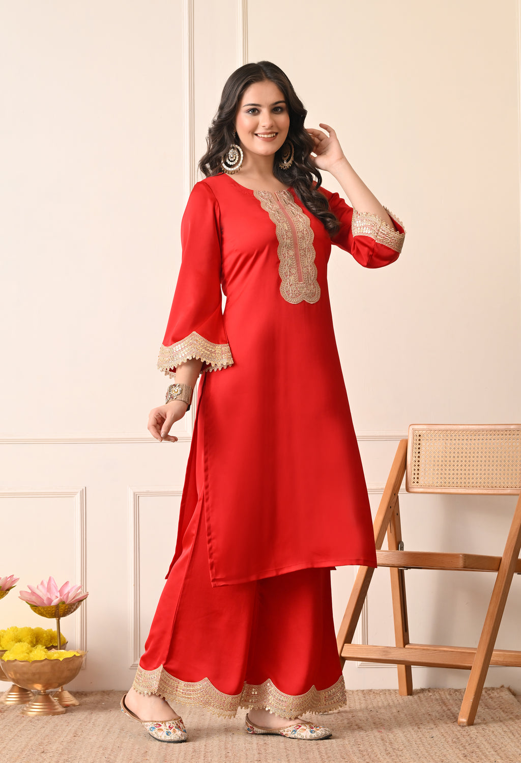 Elegant Red Silk Kurta & Sharara Set