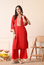 Elegant Red Silk Kurta & Sharara Set