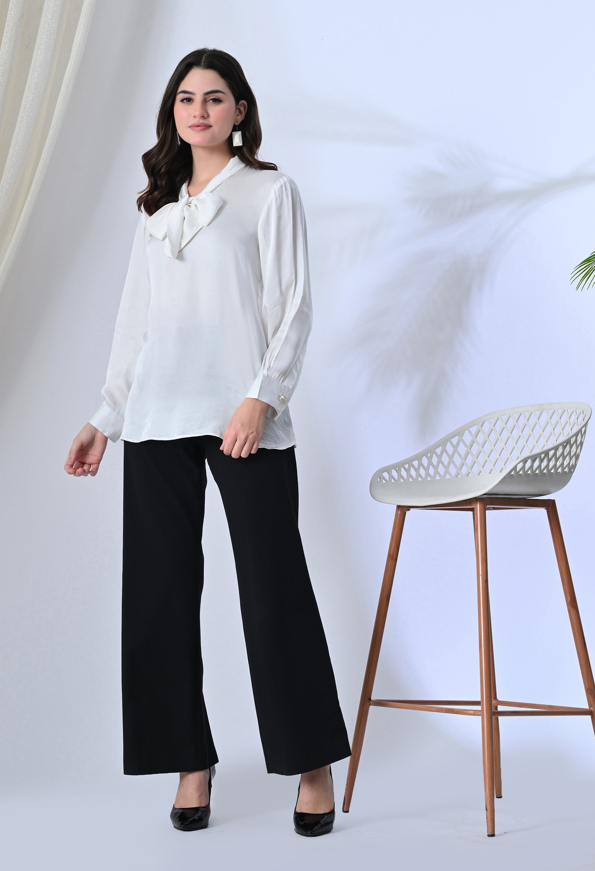 White Bow Tie-Up Shirt