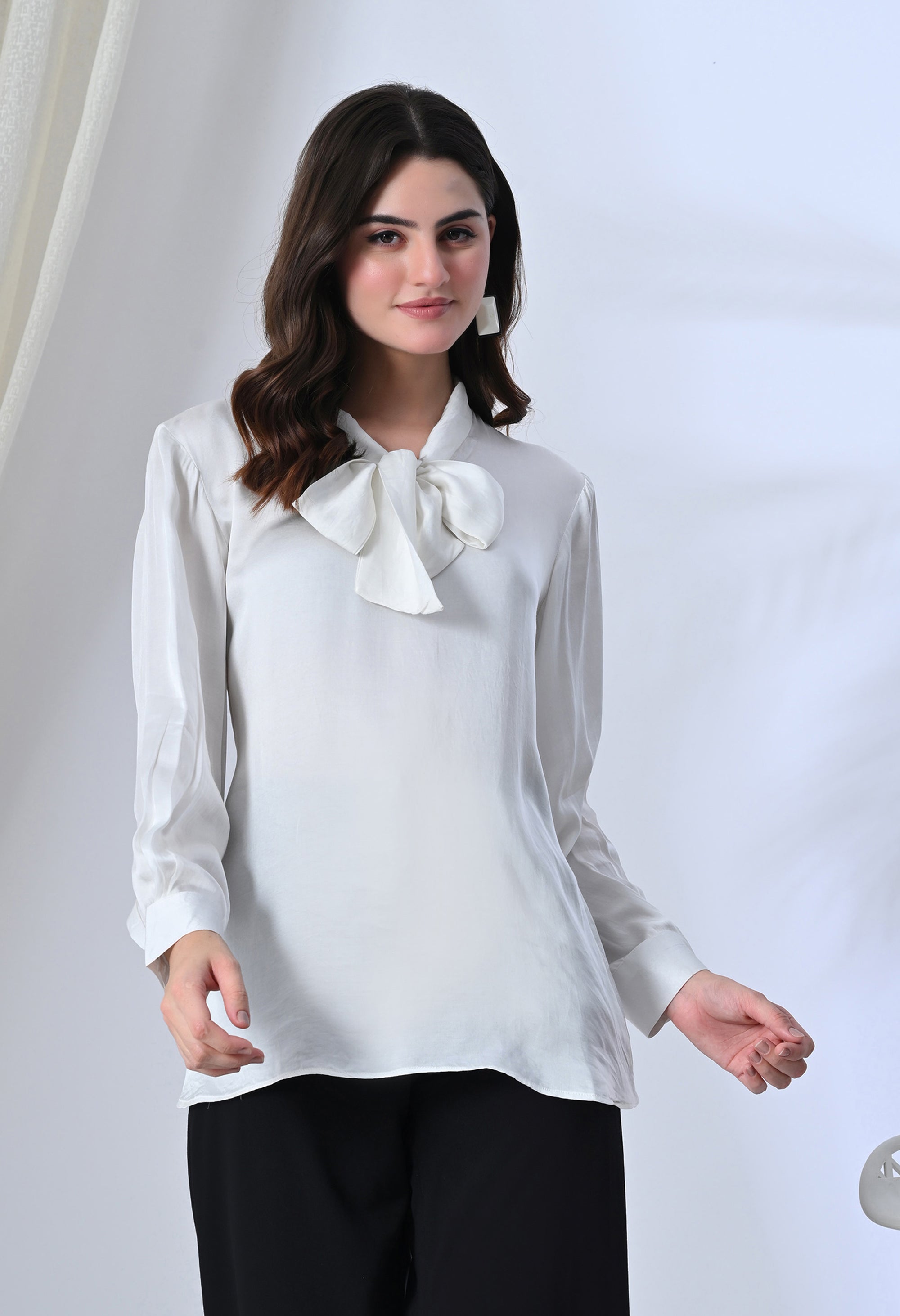 White Bow Tie-Up Shirt