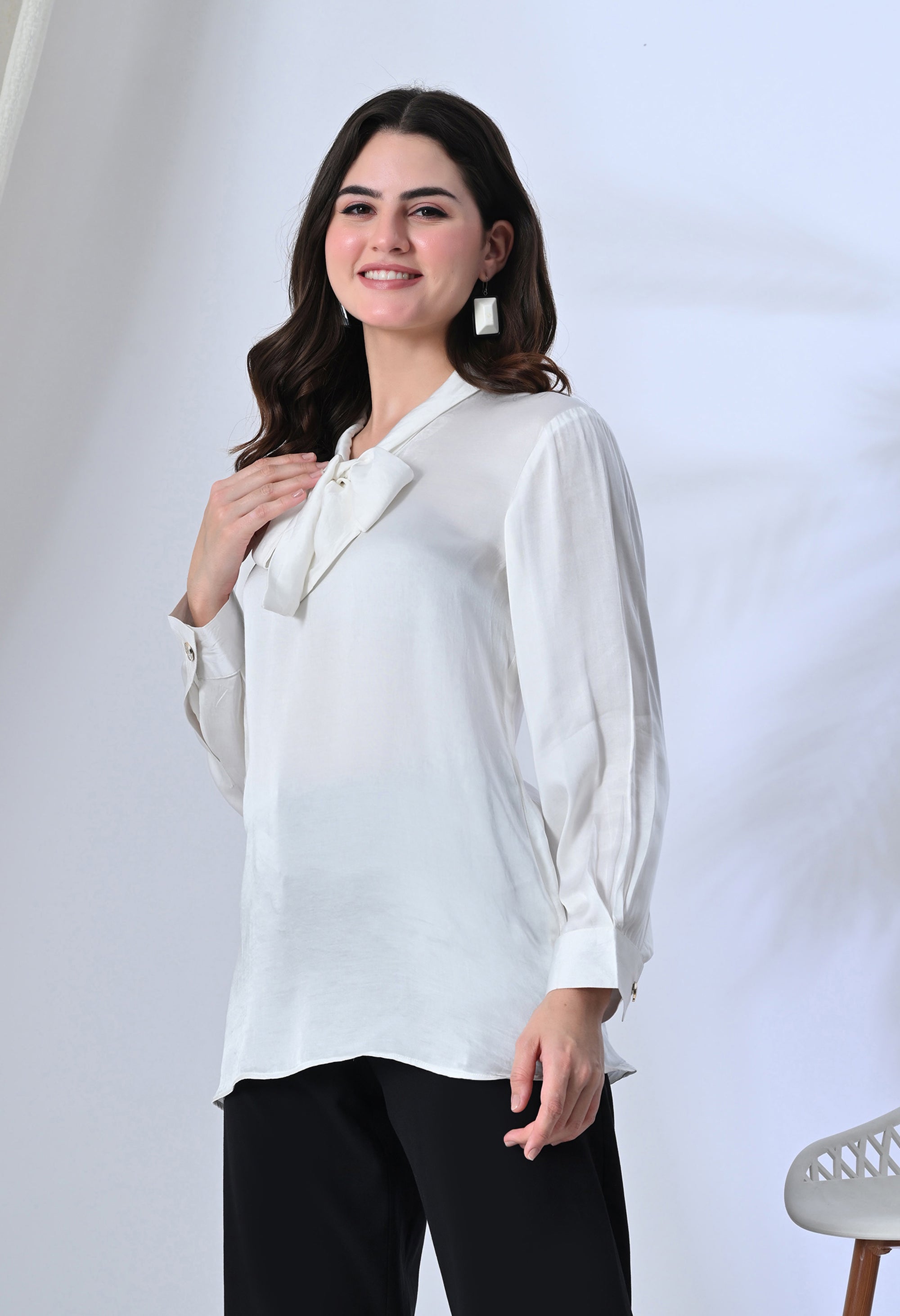 White Bow Tie-Up Shirt