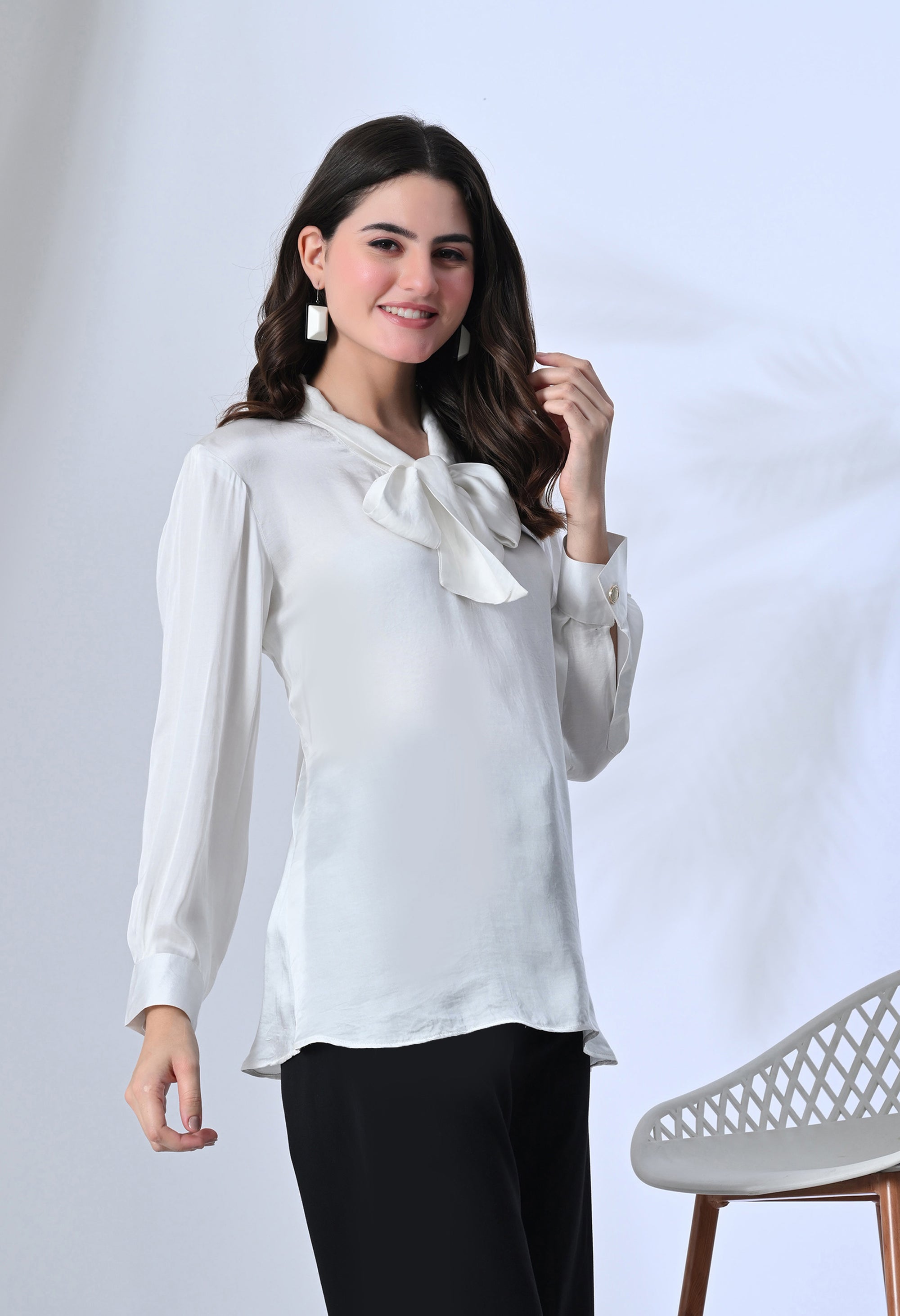White Bow Tie-Up Shirt