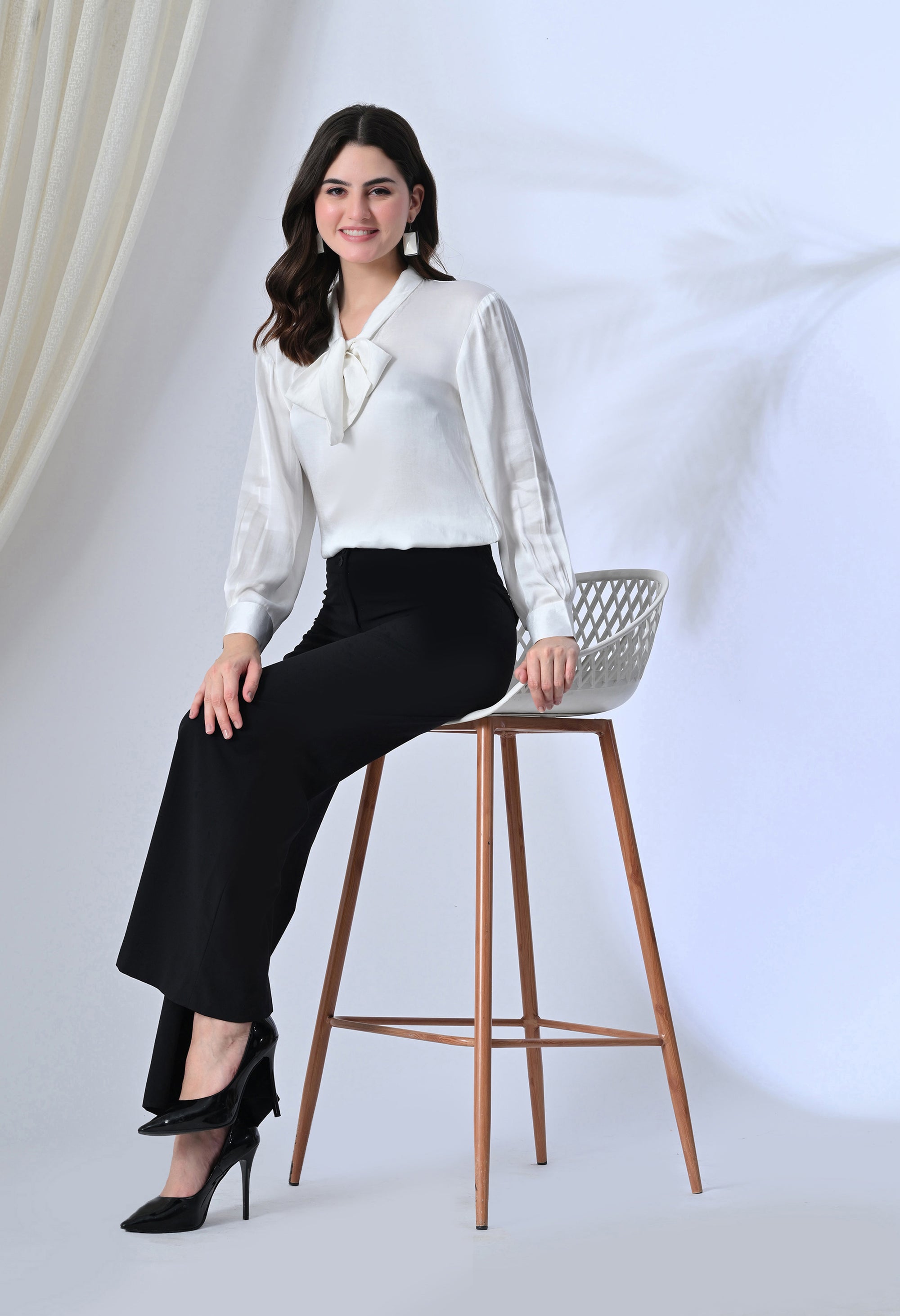 White Bow Tie-Up Shirt