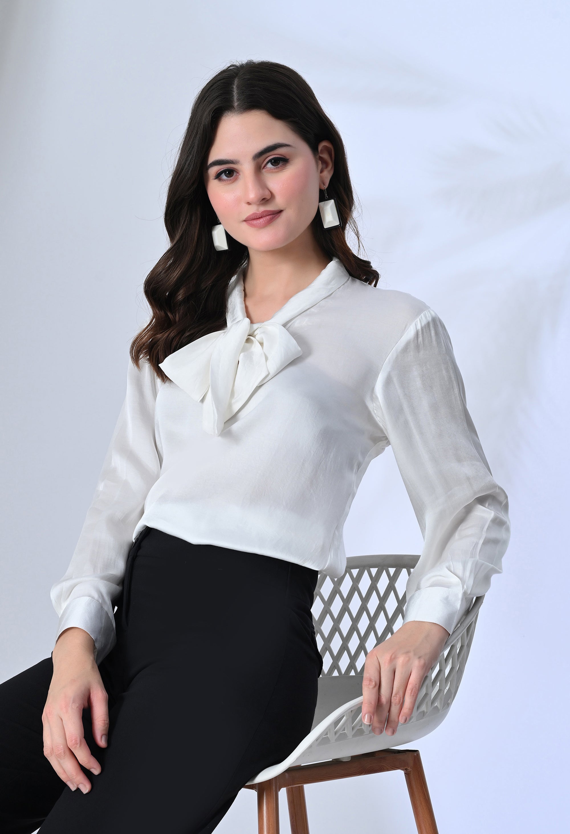 White Bow Tie-Up Shirt