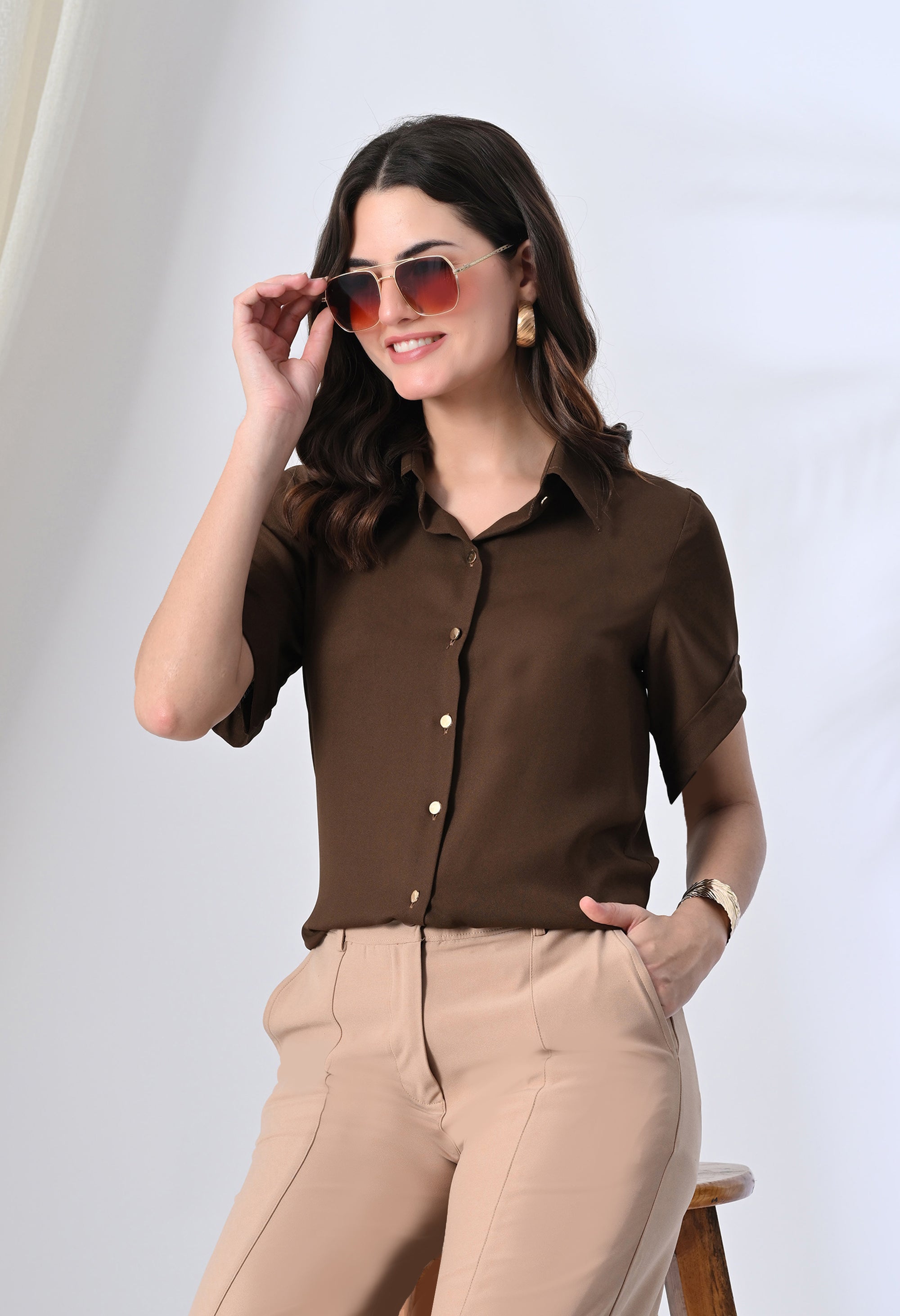 Brown Elegant Long Shirt