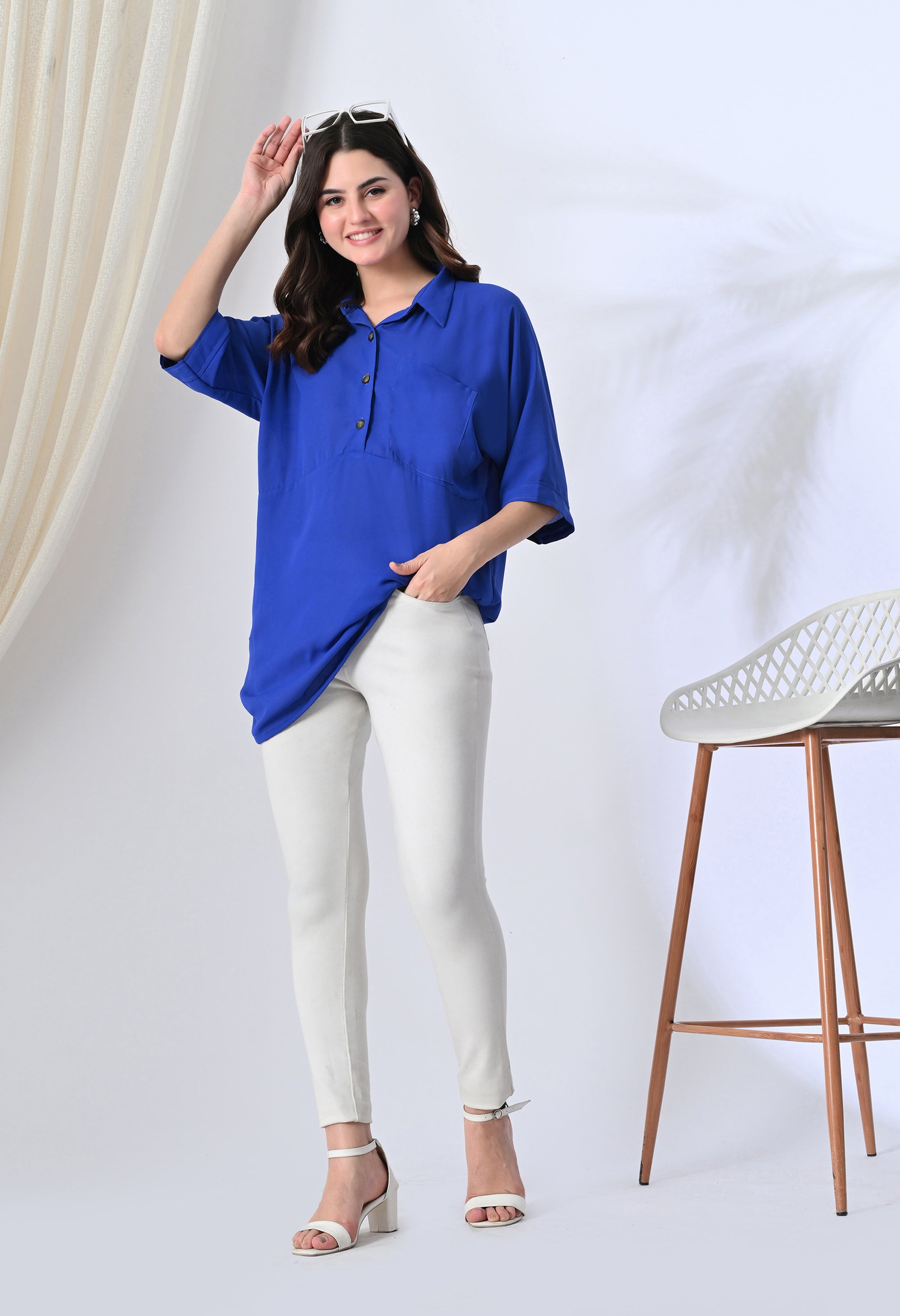 Royal Blue Button-Down Tunic Top