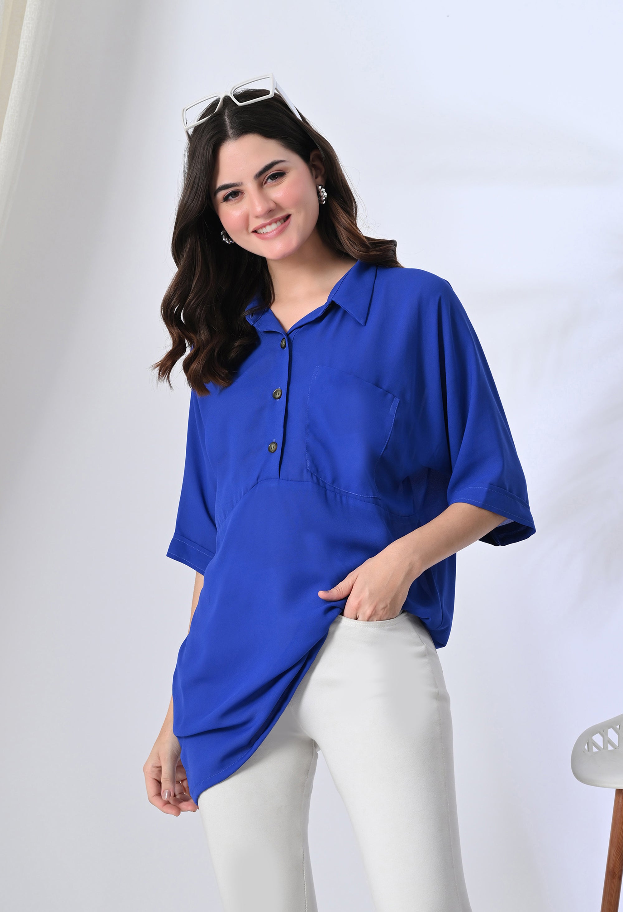 Royal Blue Button-Down Tunic Top