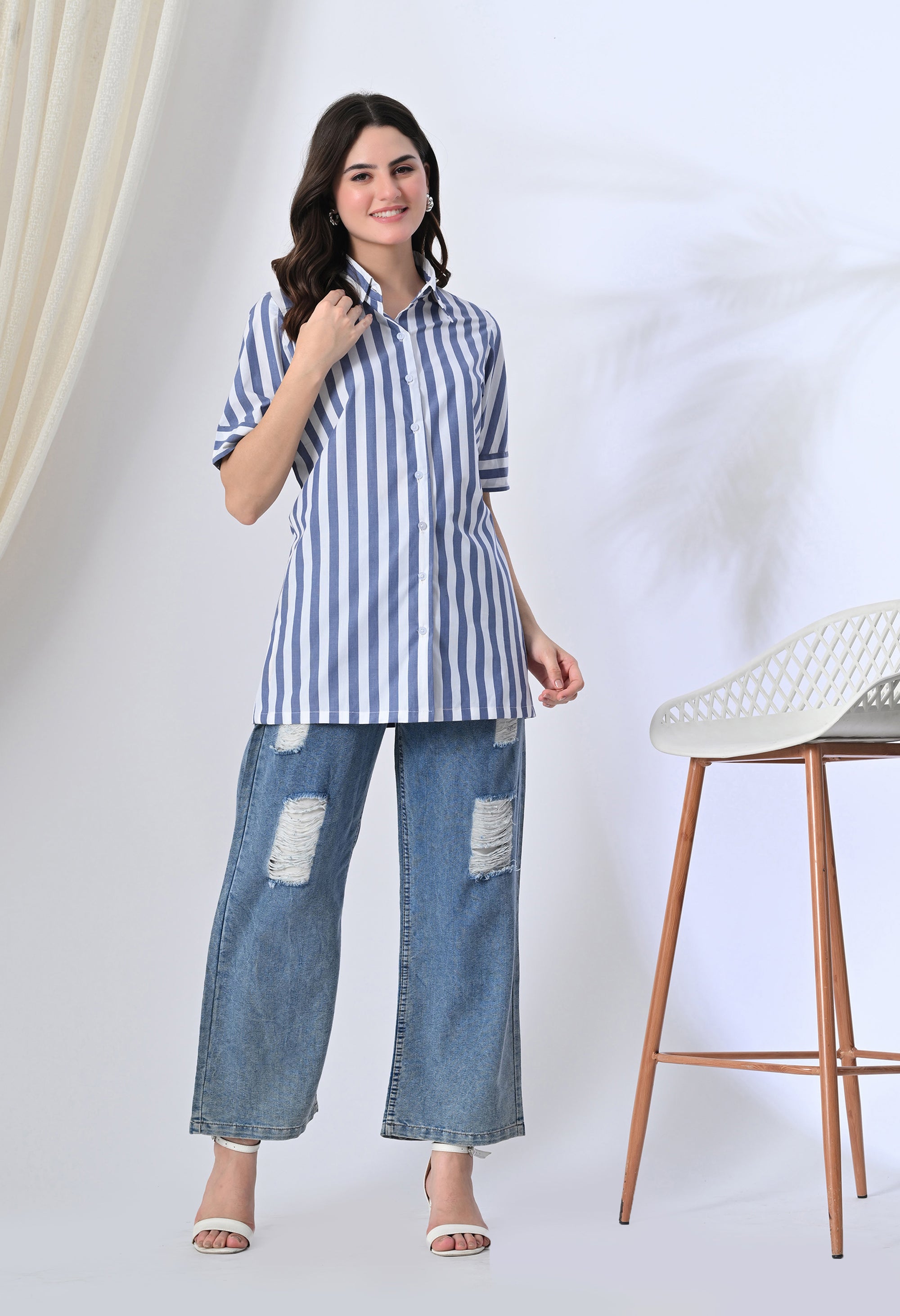 White Shirt with Blue Straps