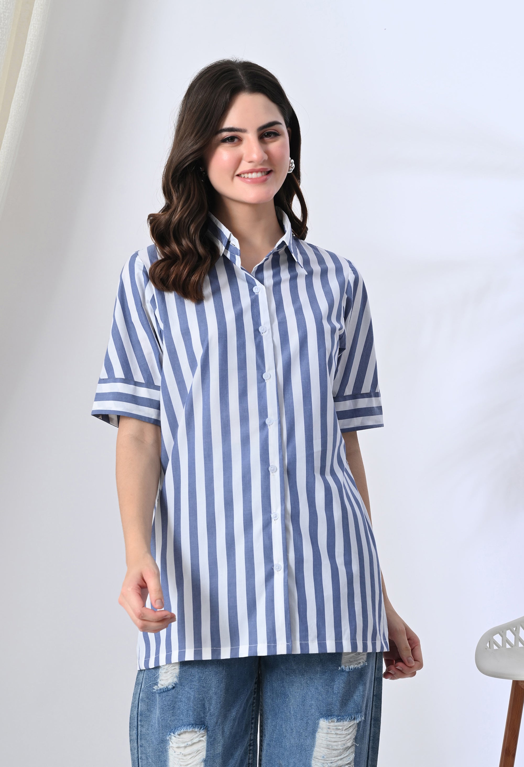 White Shirt with Blue Straps