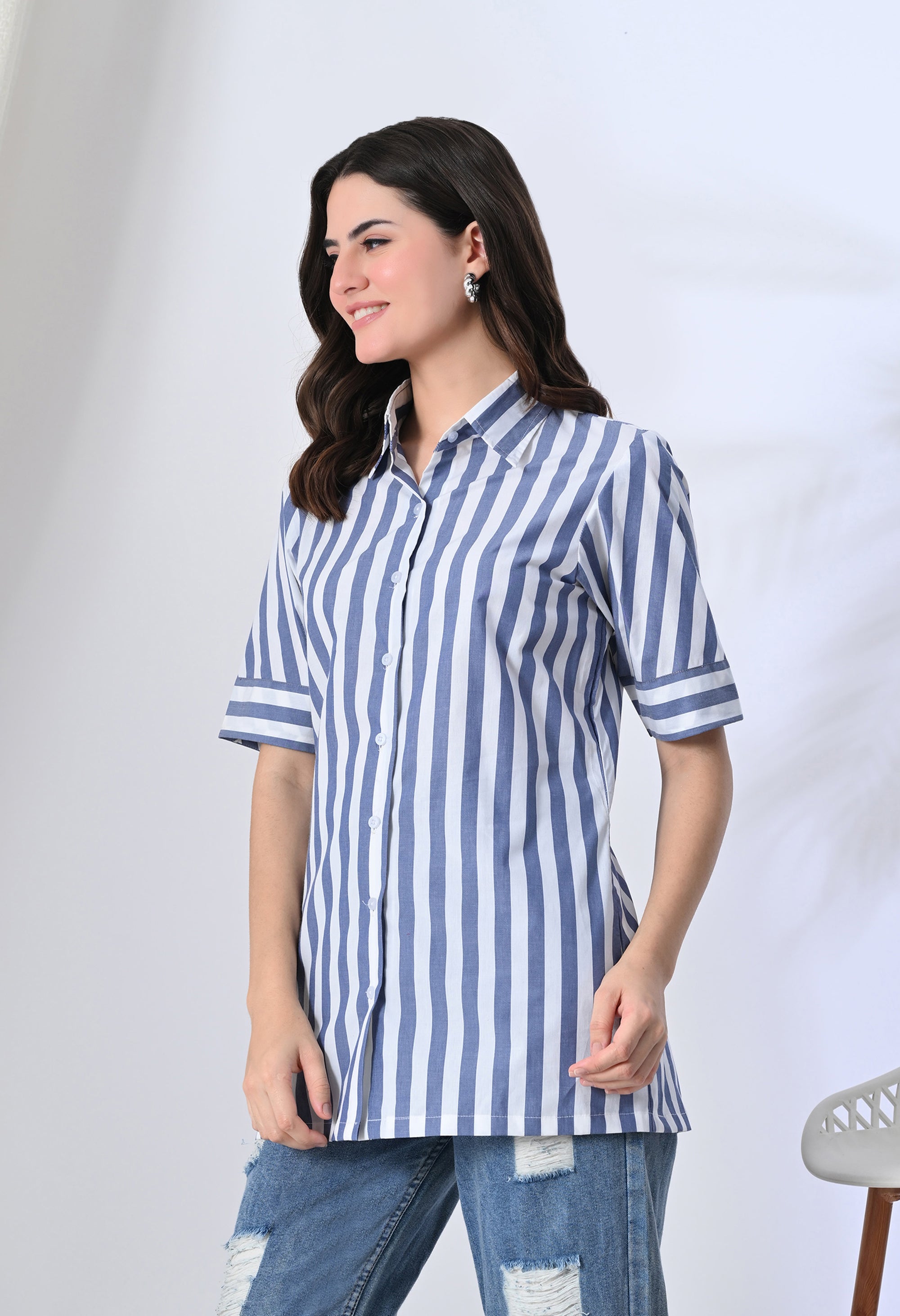 White Shirt with Blue Straps