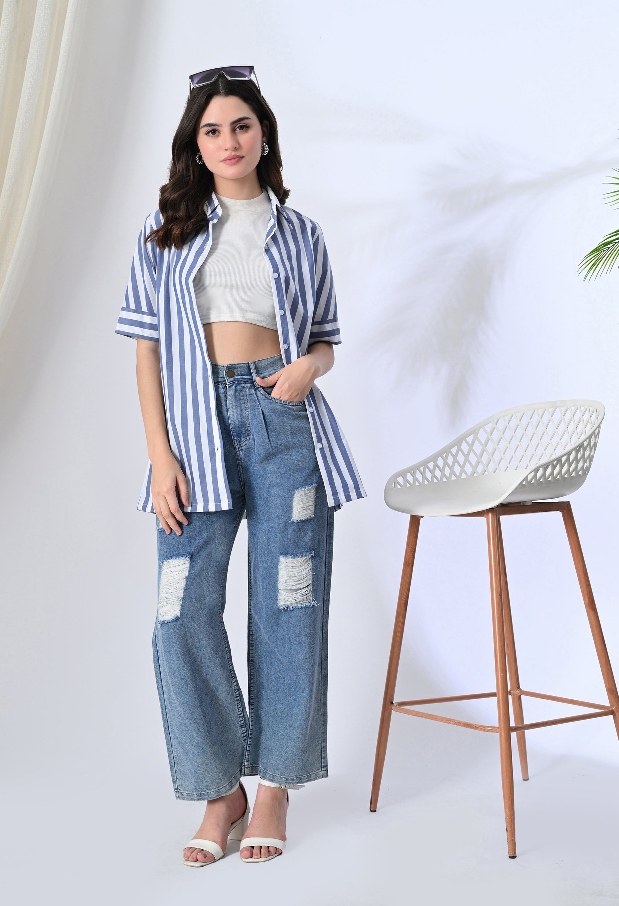 White Shirt with Blue Straps