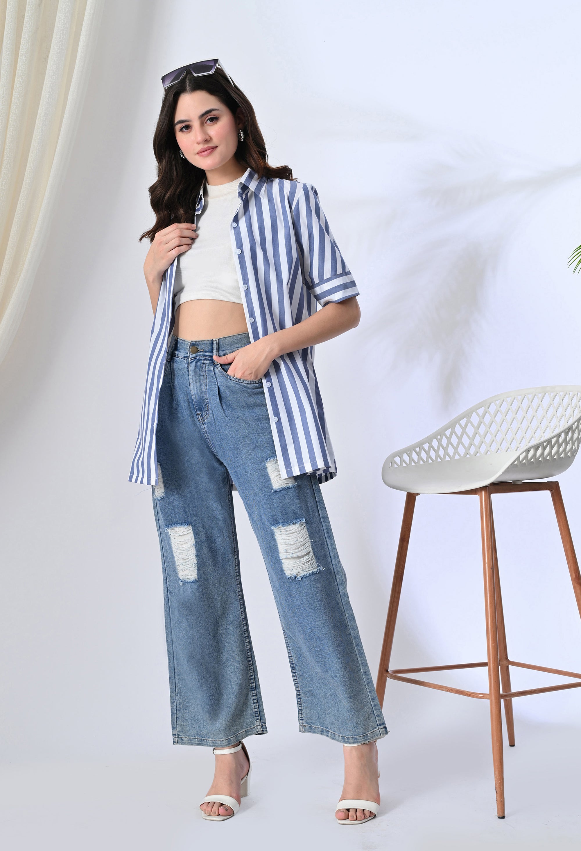 White Shirt with Blue Straps