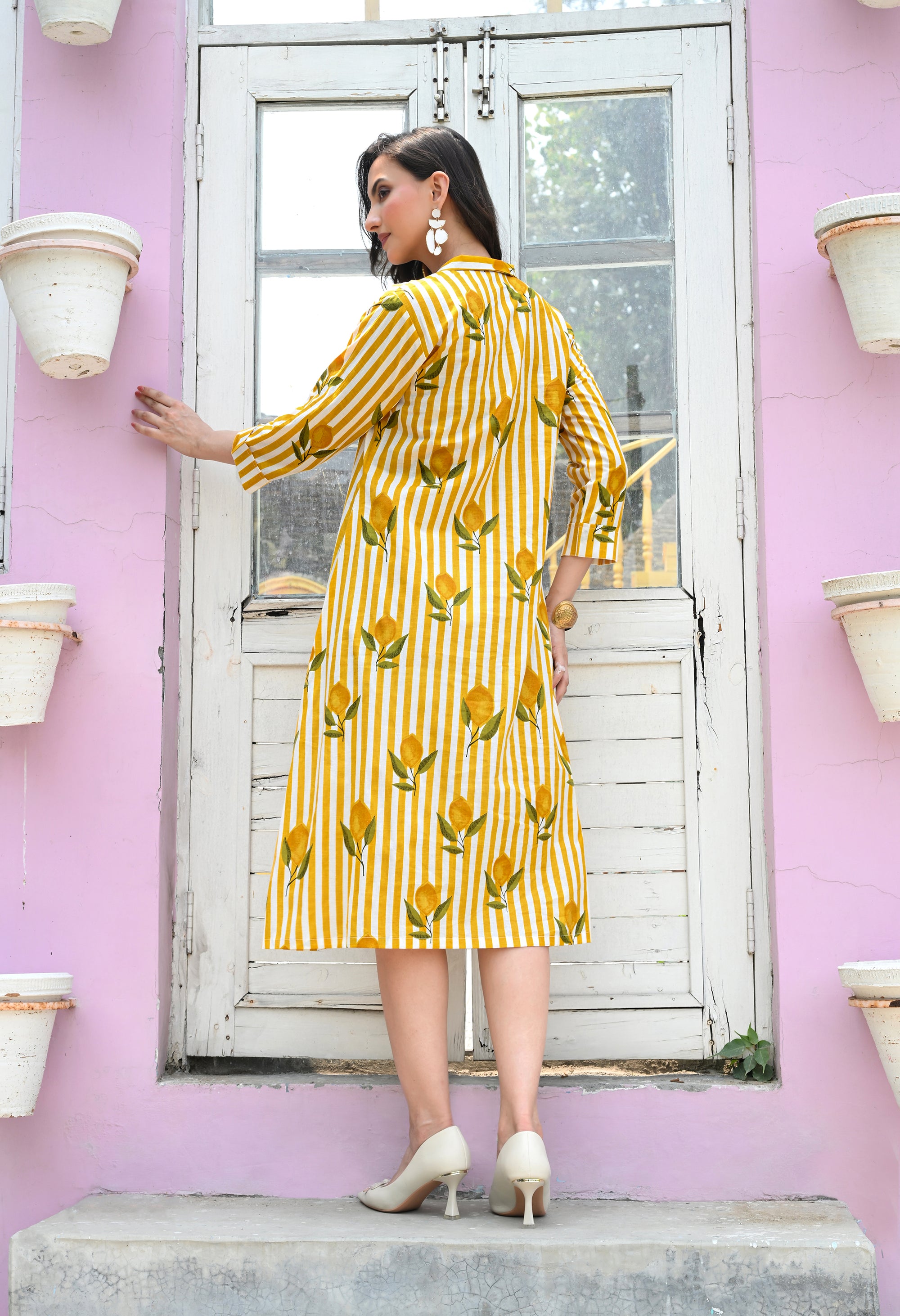 Lemon Strip Print Shirt Dress
