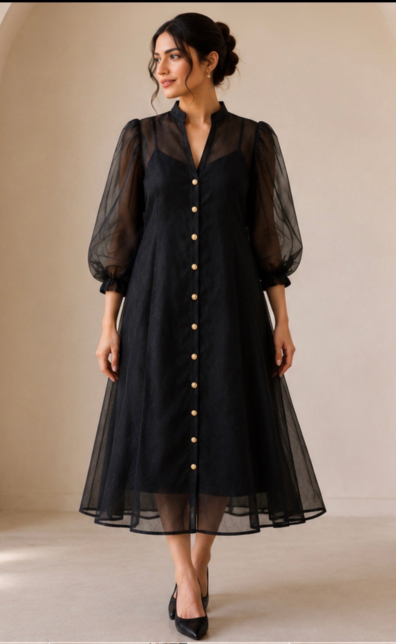 Diamanté Luxury Edition – Black Organza Elegance Midi Dress