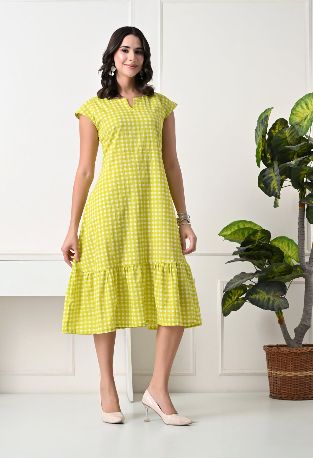 Lime Green Checked Midi Dress