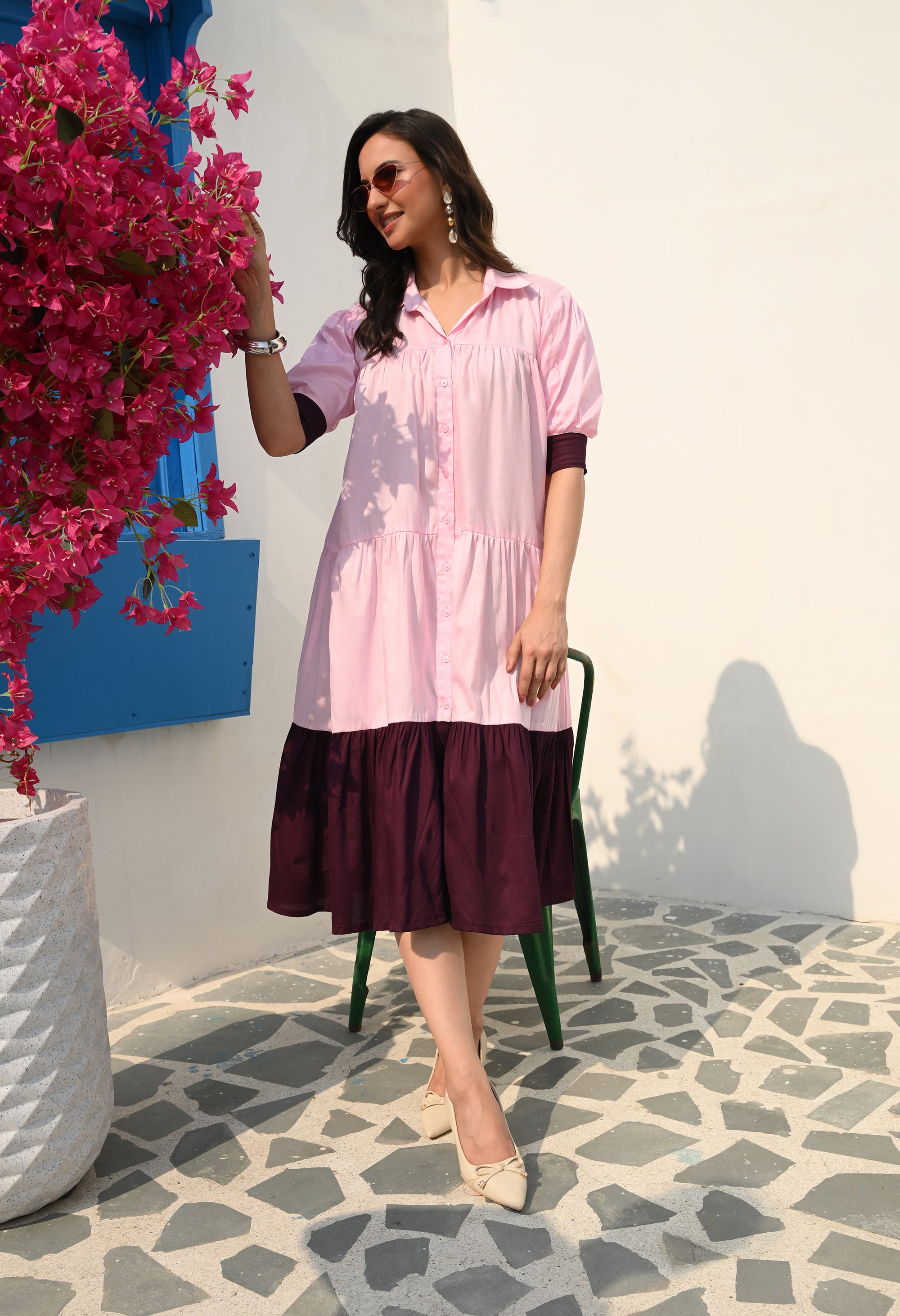 Blush Pink Tiered Midi Dress