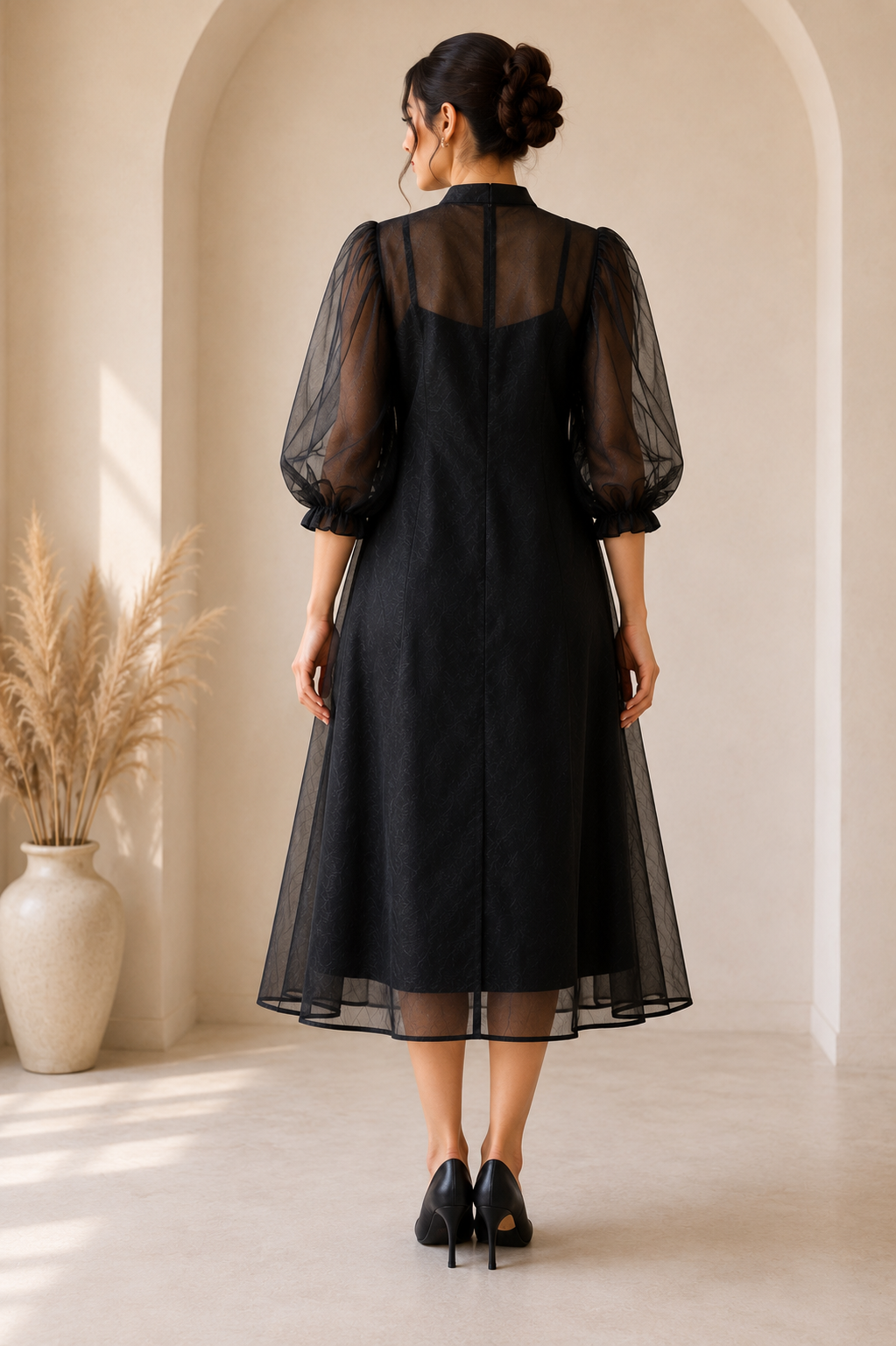Diamanté Luxury Edition – Black Organza Elegance Midi Dress