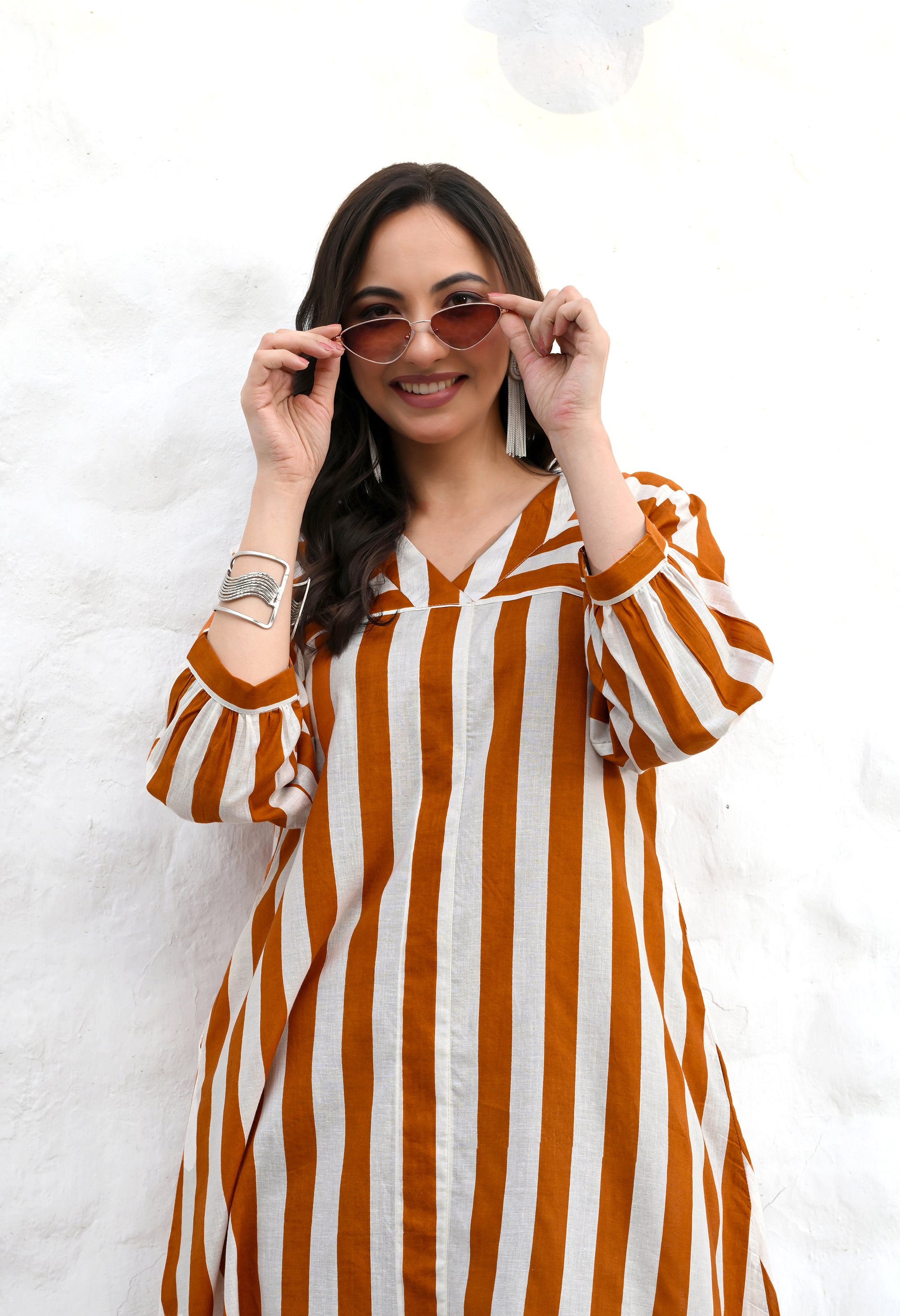 Mustard Stripe Cotton Midi Dress