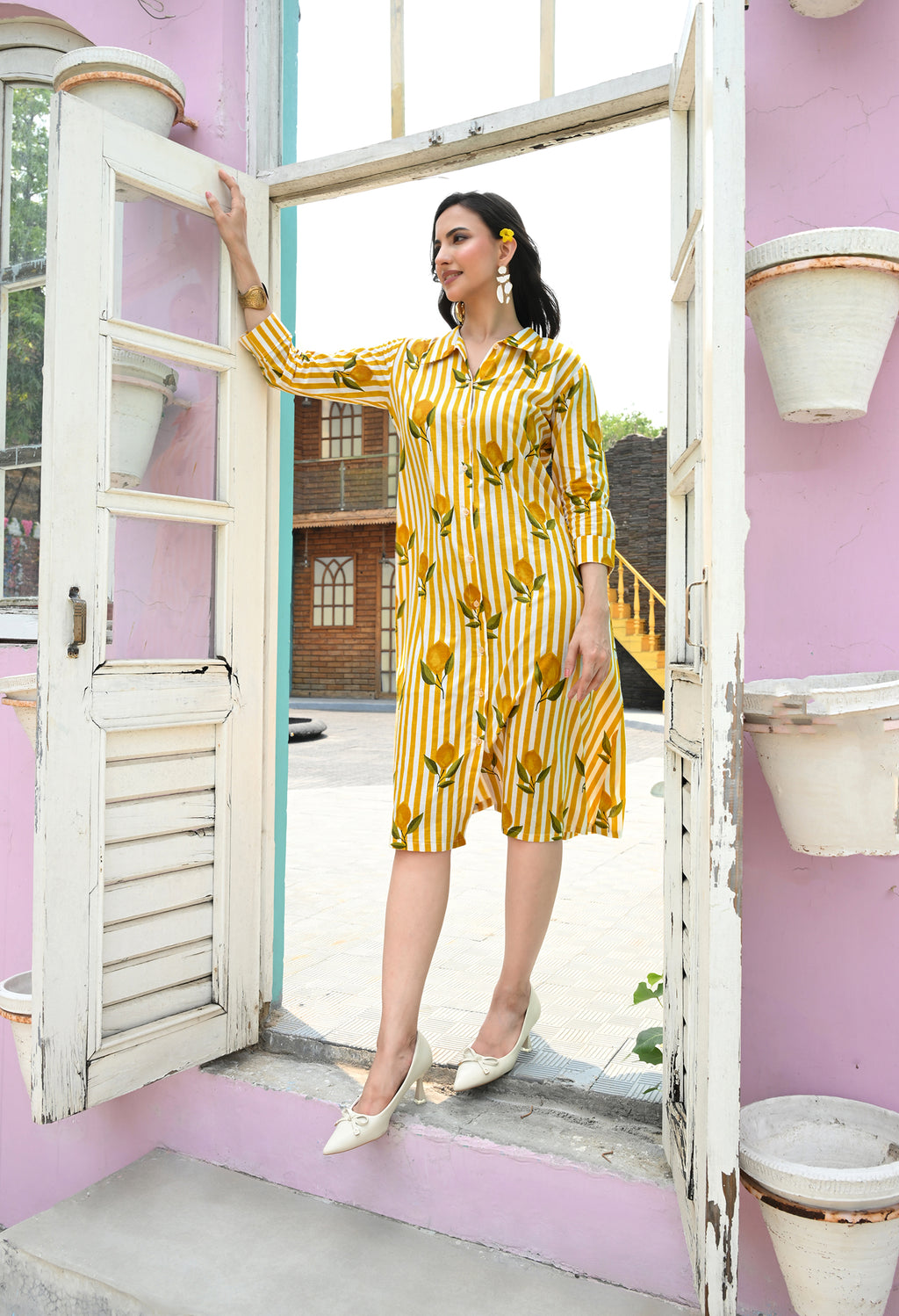 Lemon Strip Print Shirt Dress