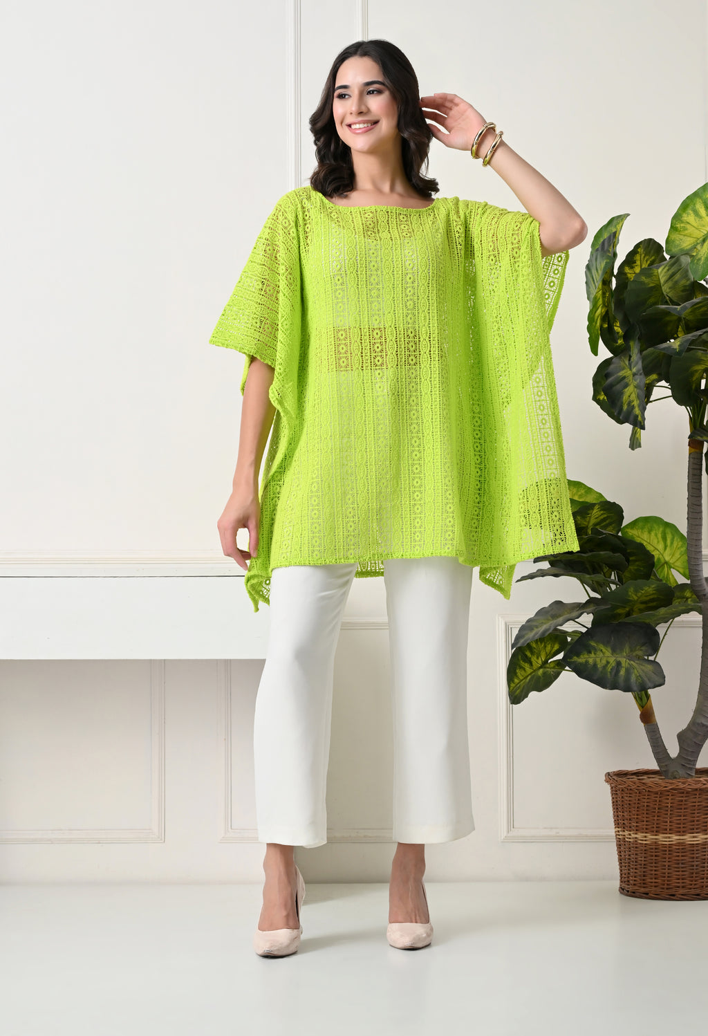 Neon Lime Crochet Kaftan Top
