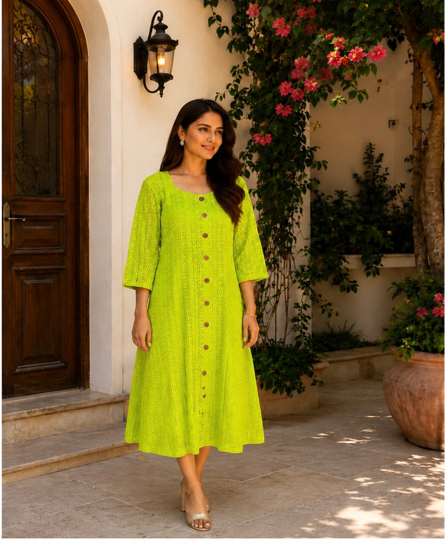 Neon Lime Green Cotton Eyelet Midi Dress