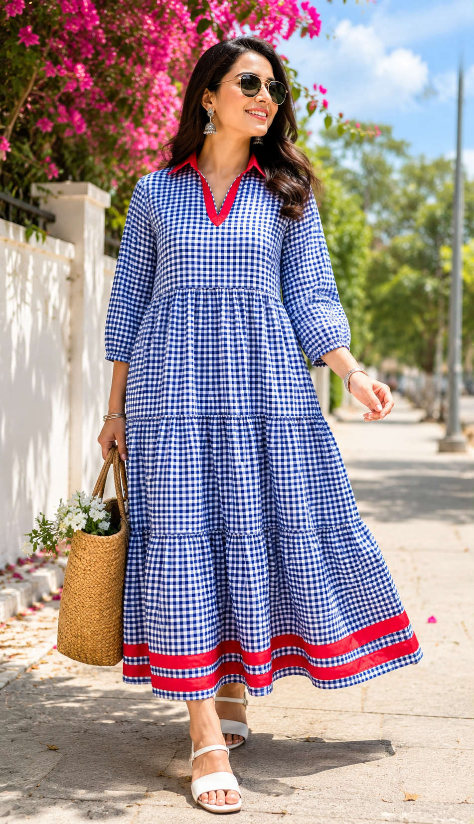 Blue Gingham Tiered Maxi Dress with Red Contrast Collar